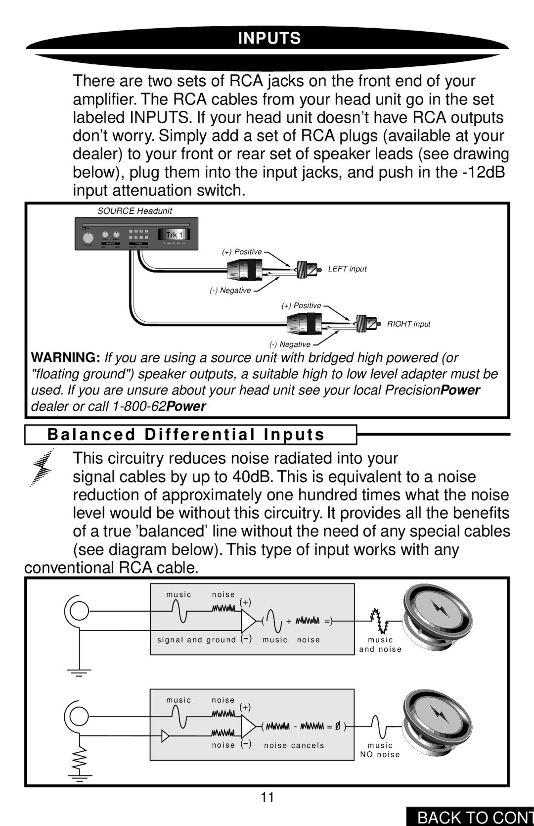 Precision Power PC2400 owner manual Inputs, L a n c e d D i f f e r e n t i a l I n p u t s 