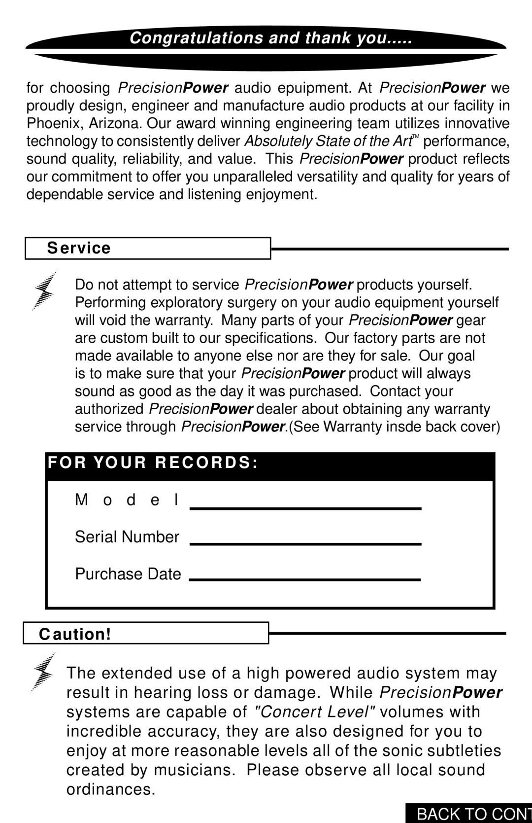 Precision Power PC2400 owner manual Ervice, R Yo U R R E C O R D S, Aution 