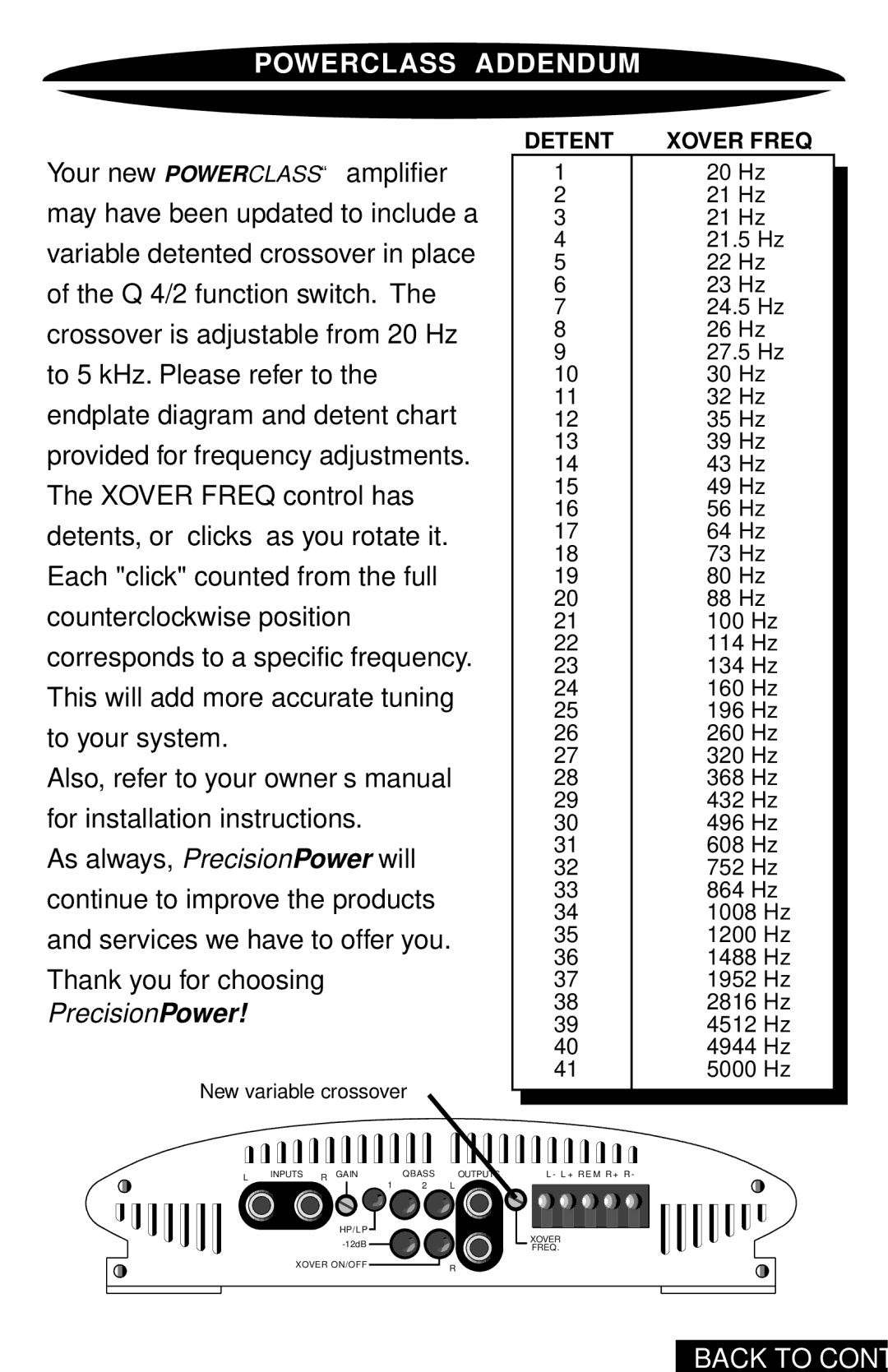 Precision Power PC2400 owner manual Powerclass Addendum, Detent Xover Freq 