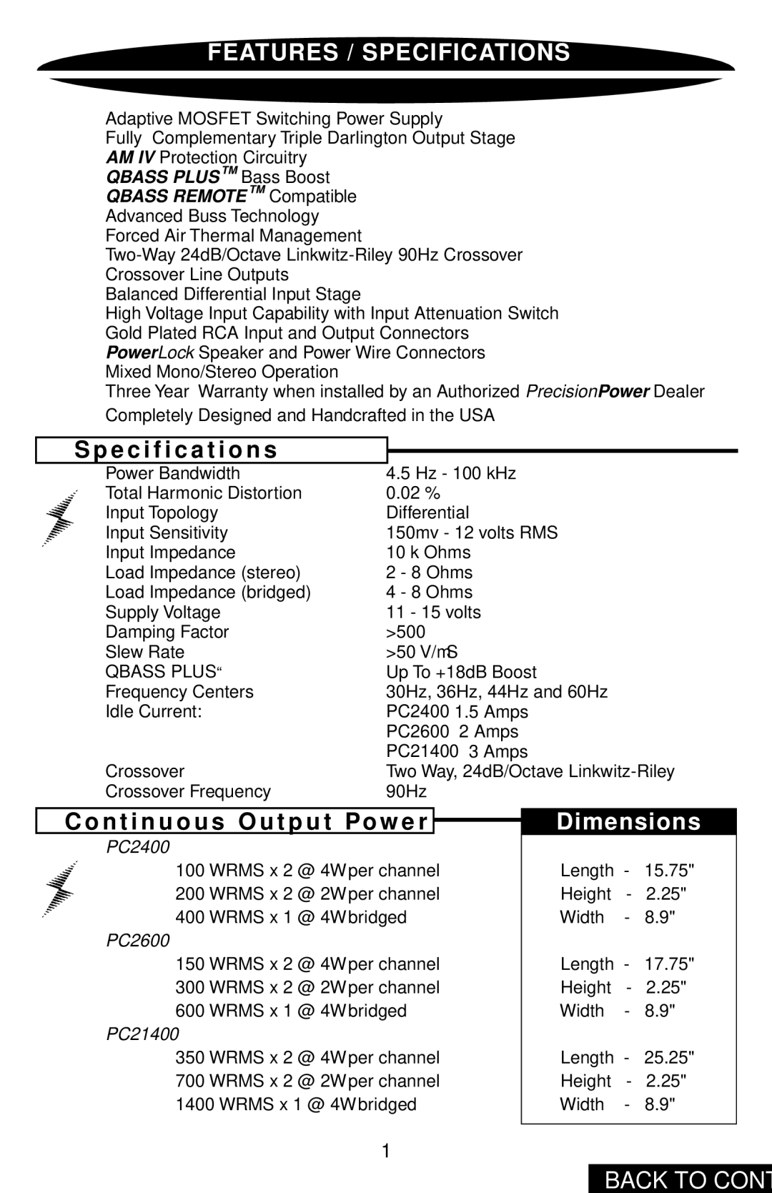 Precision Power PC2400 Features / Specifications, Specification s, N t i n u o u s O u t p u t Po w e r, Dimensions 