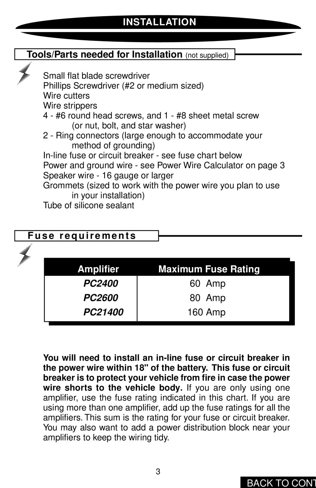 Precision Power PC2400 owner manual Tools/Parts needed for Installation not supplied, S e r e q u i r e m e n t s 