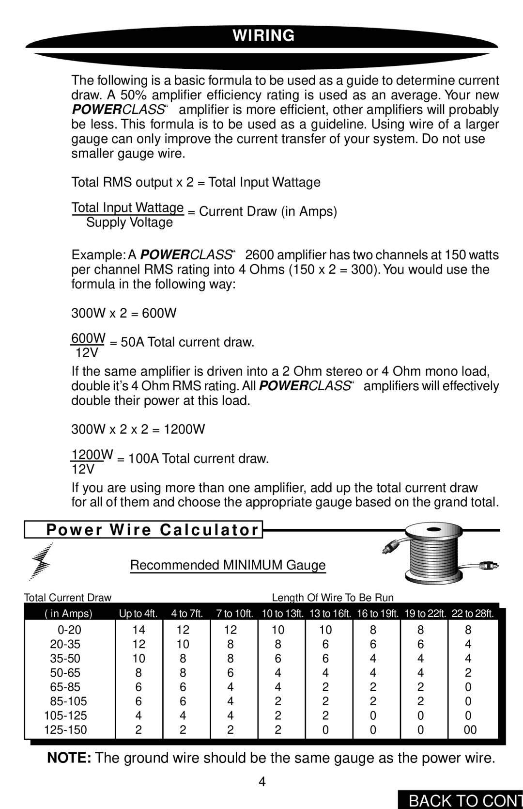 Precision Power PC2400 owner manual Wiring, Recommended Minimum Gauge 