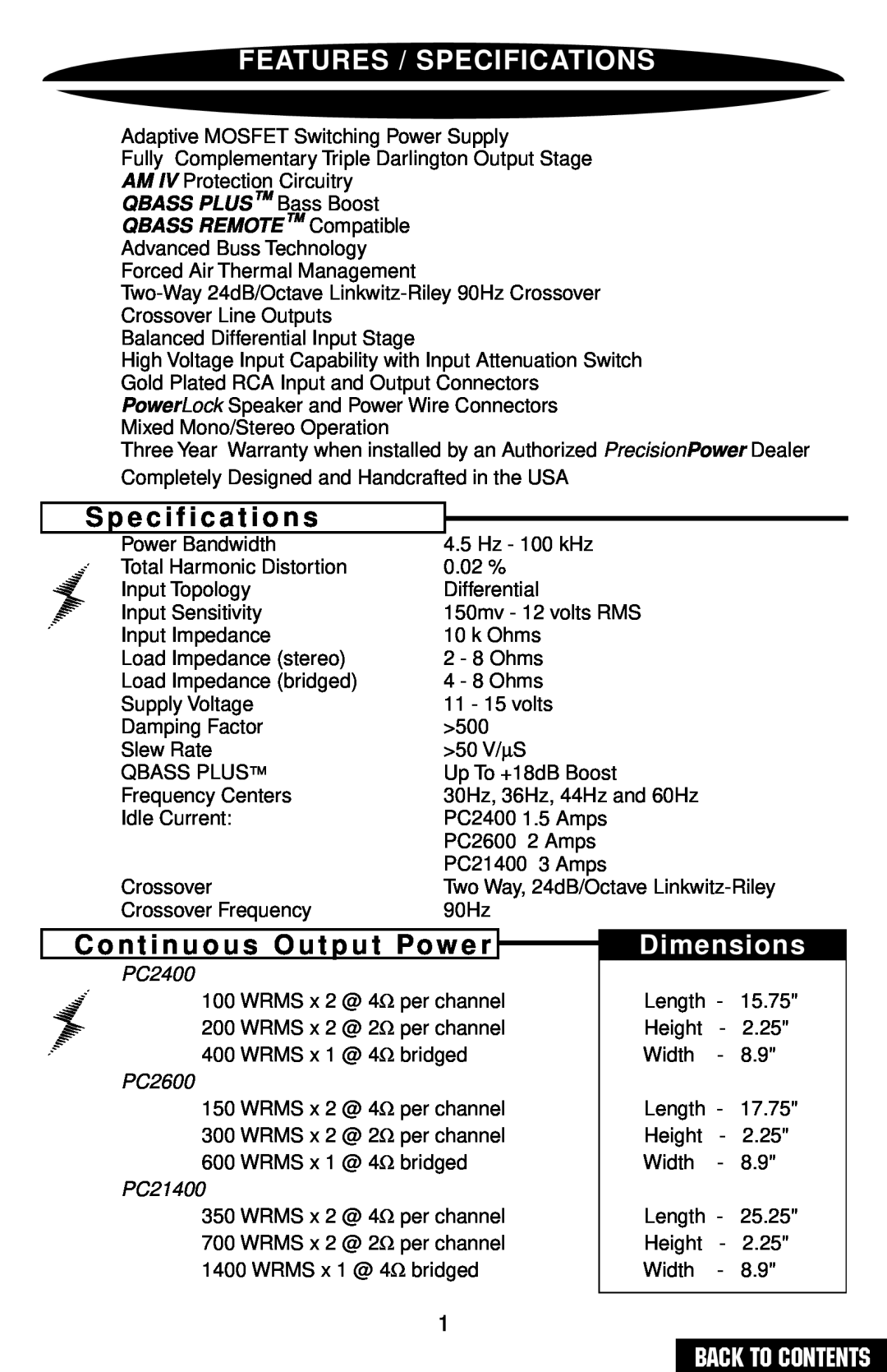 Precision Power PC2400 Features / Specifications, S p e c i f i c a t i o n s, C o n t i n u o u s O u t p u t Po w e r 