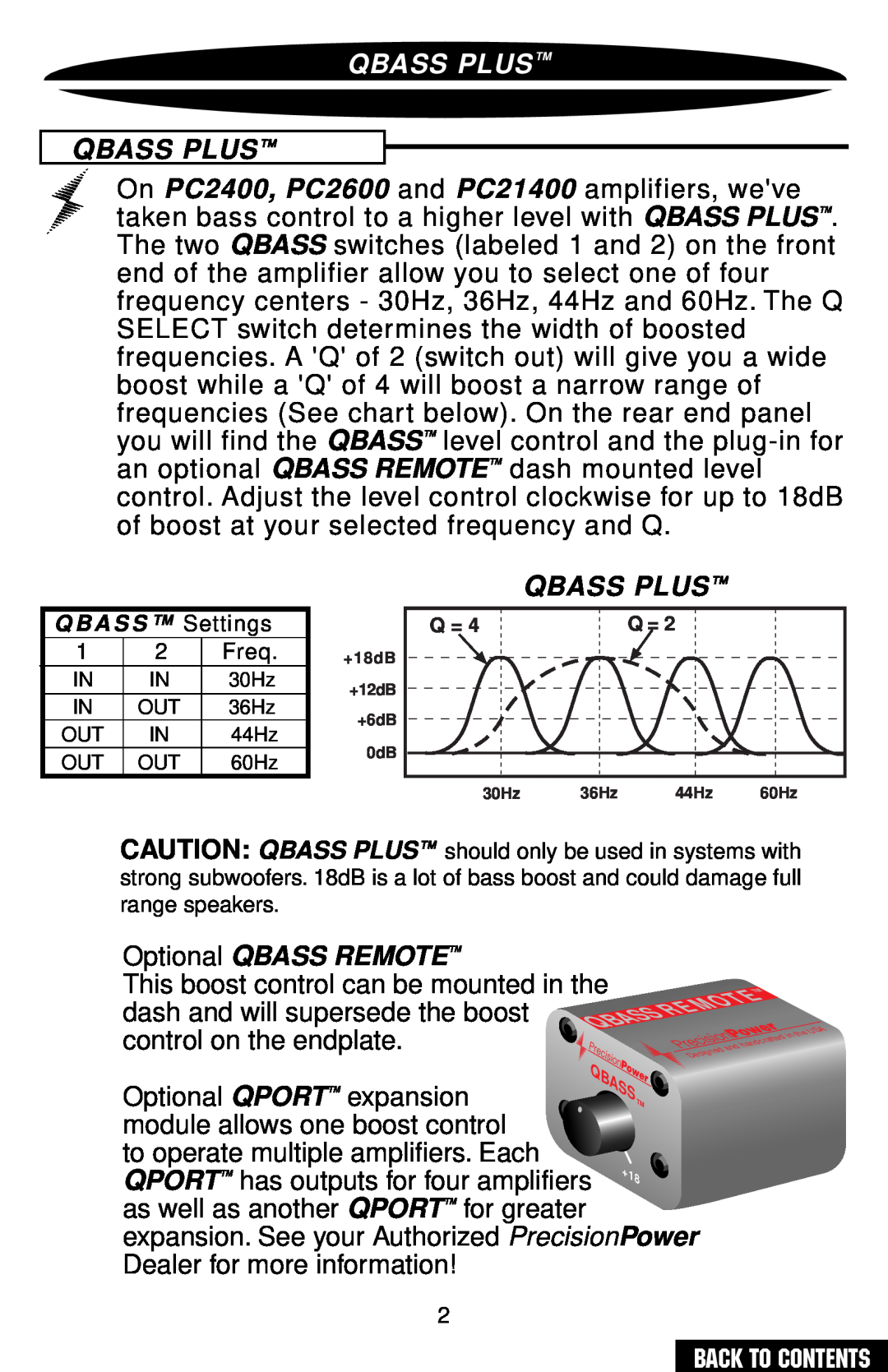 Precision Power PC2400 owner manual Qbass Plus, Optional QBASS REMOTE 