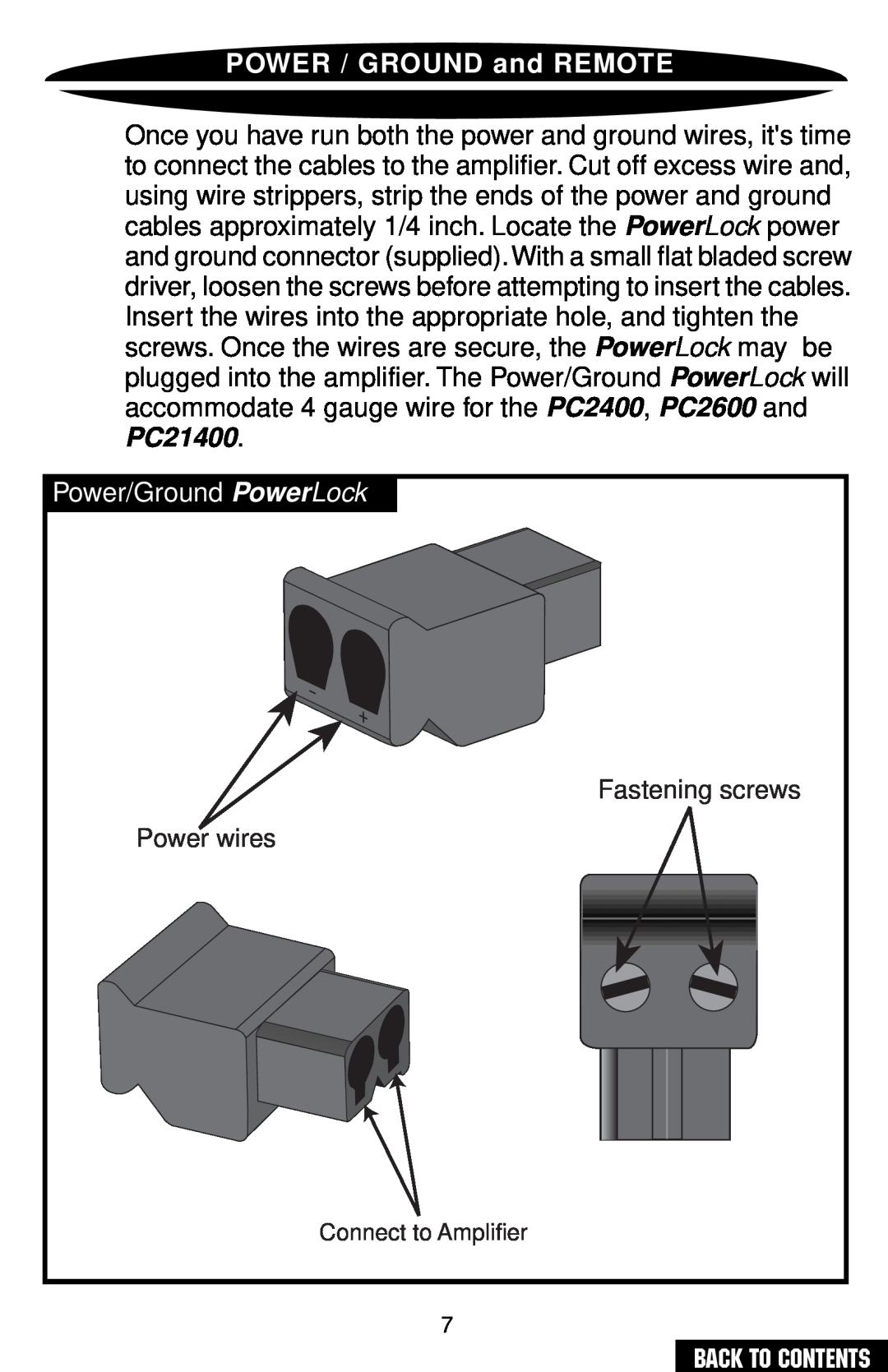 Precision Power PC2400 owner manual POWER / GROUND and REMOTE, Power/Ground PowerLock, Fastening screws 