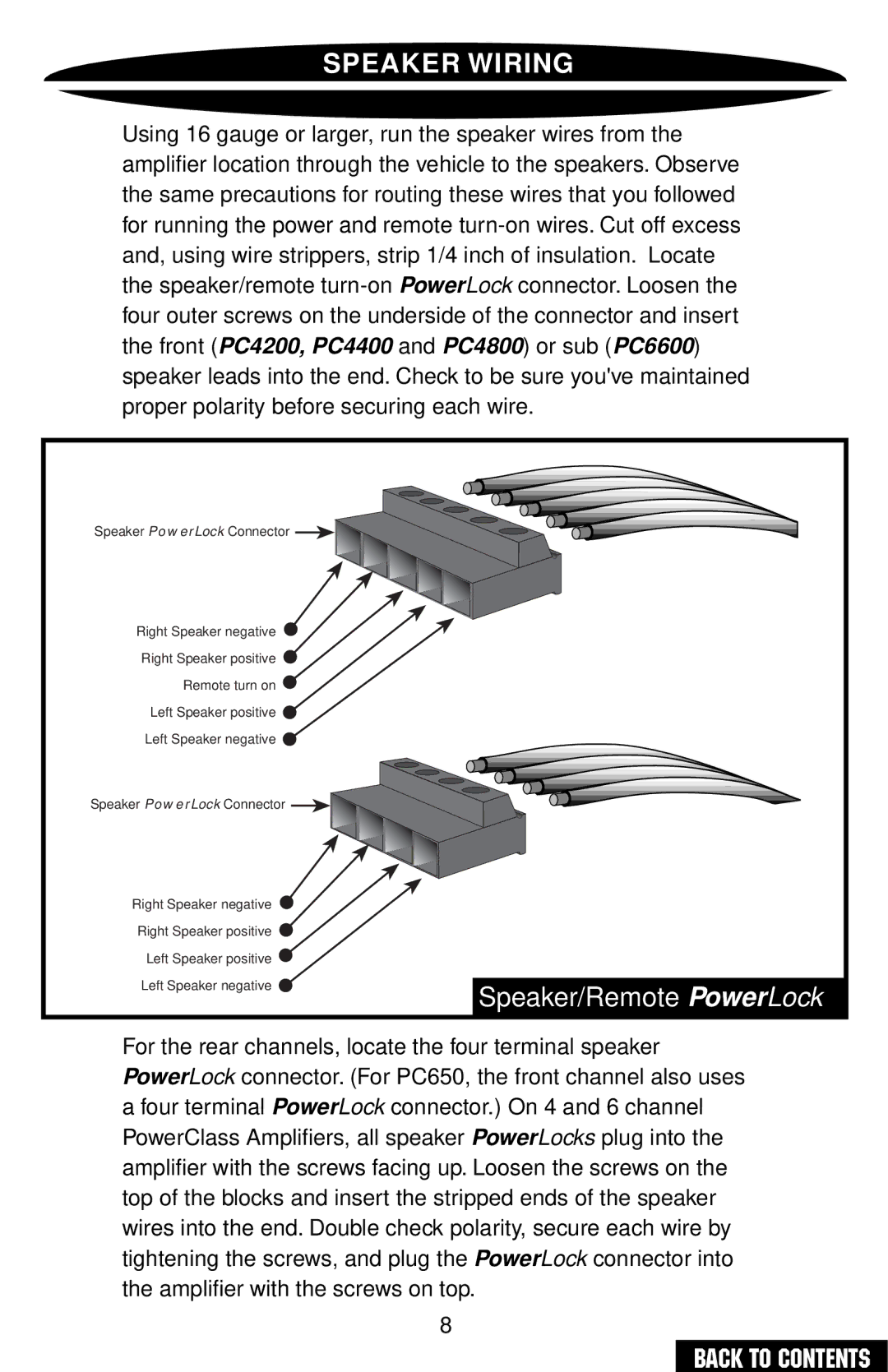 Precision Power PC4200 owner manual Speaker Wiring, Speaker/Remote PowerLock 