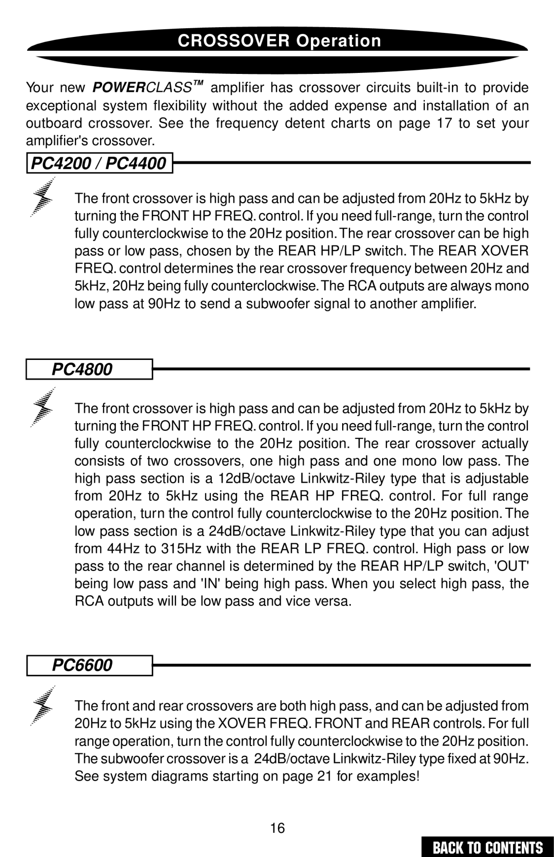 Precision Power owner manual Crossover Operation, PC4200 / PC4400 