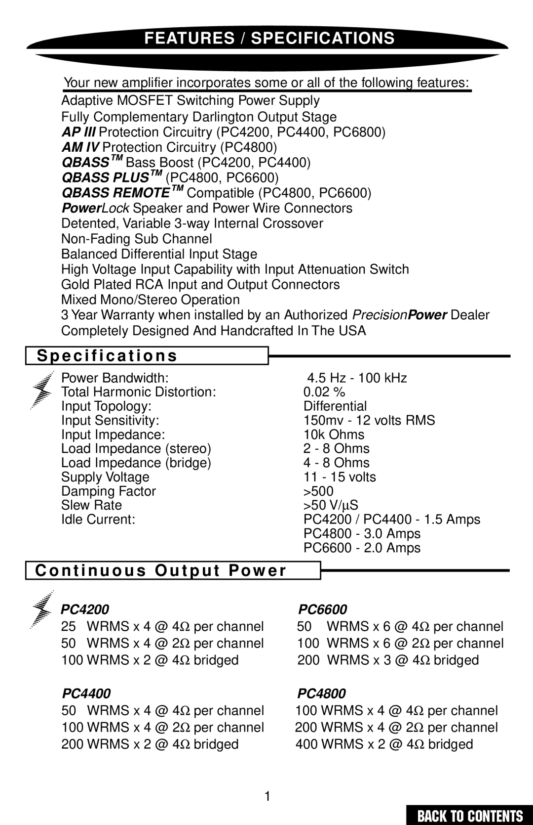 Precision Power PC4200 owner manual Features / Specifications, Specification s 