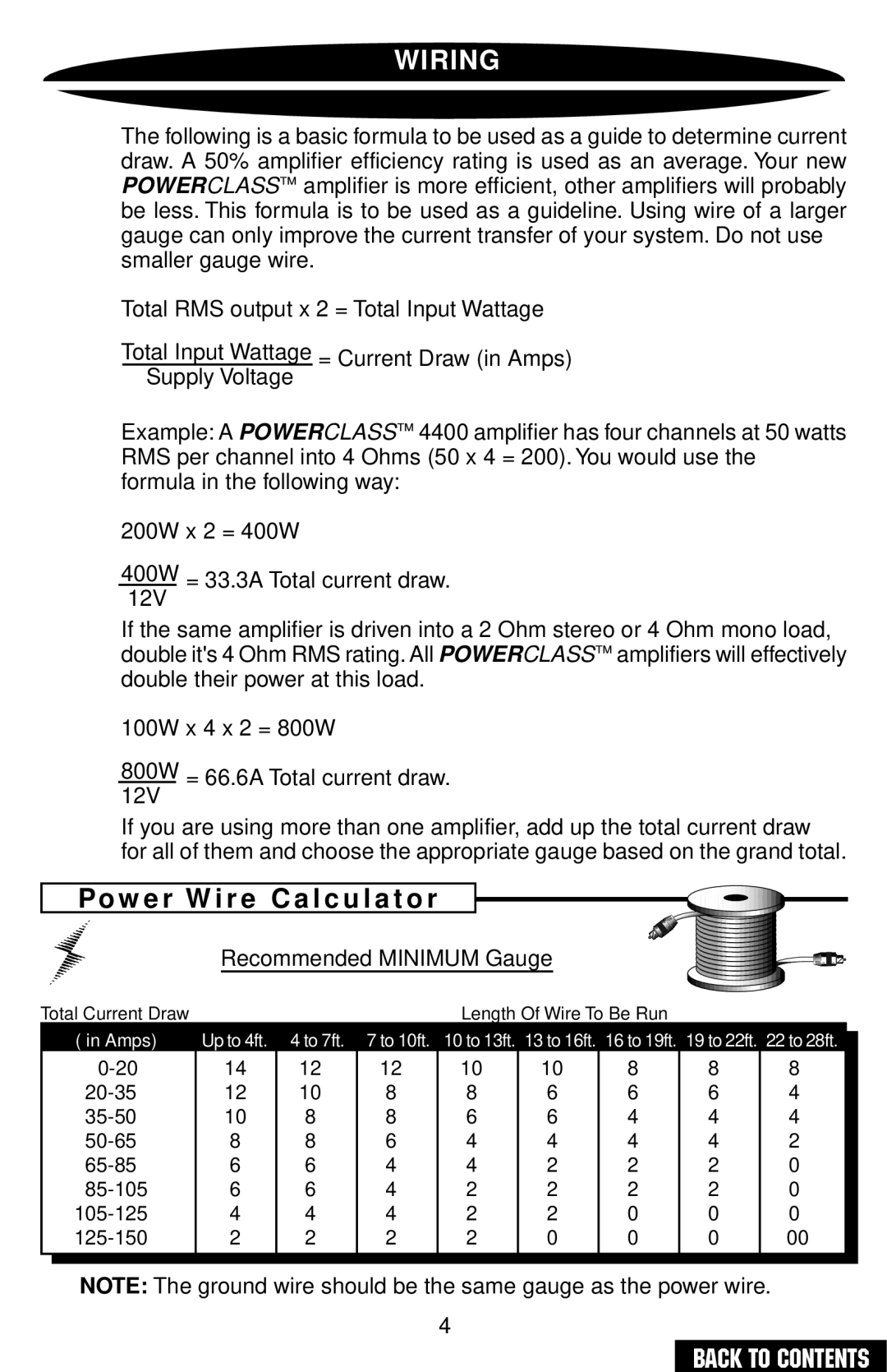 Precision Power PC4200 owner manual Wiring, Po w e r W i r e C a l c u l a t o r 