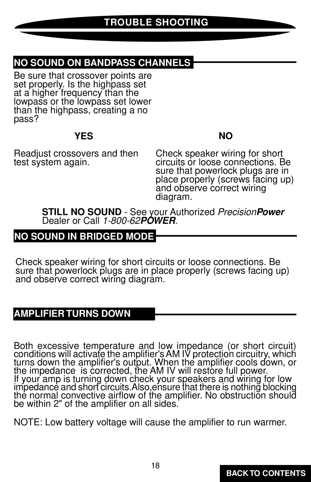 Precision Power PC6800 Trouble Shooting No Sound on Bandpass Channels, No Sound in Bridged Mode, Amplifier Turns Down 