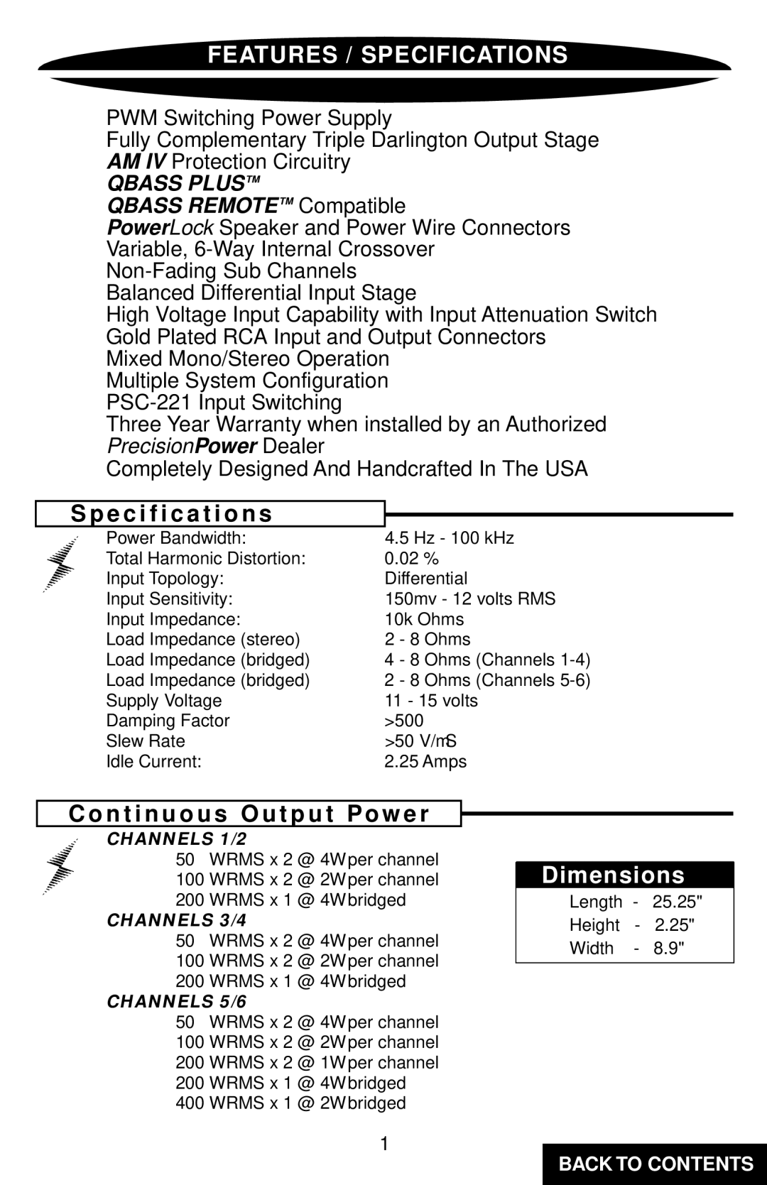 Precision Power PC6800 Features / Specifications, Specification s, N t i n u o u s O u t p u t P o w e r, Dimensions 