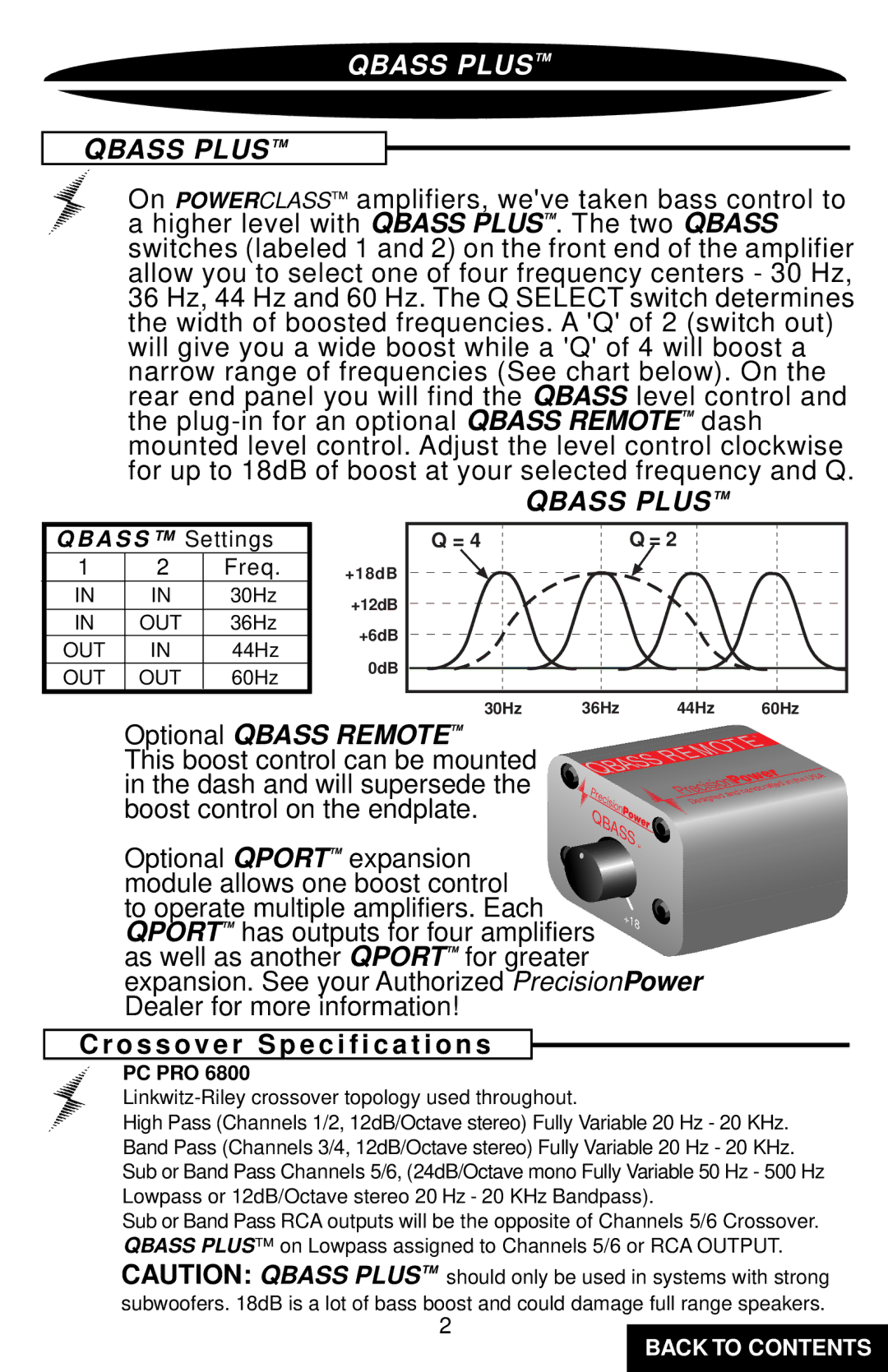 Precision Power PC6800 specifications Qbass Plus, O s s o v e r Specification s 