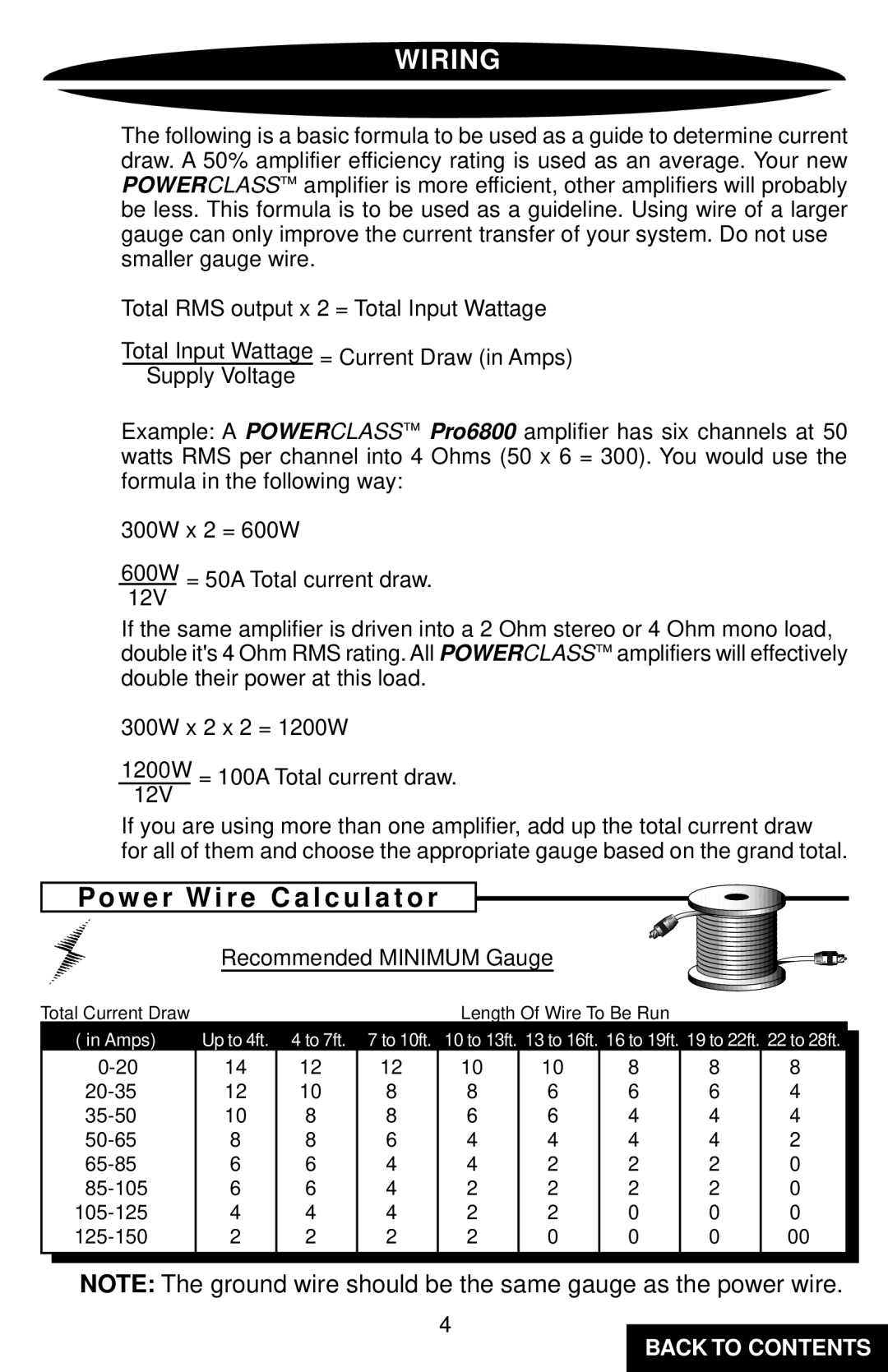 Precision Power PC6800 specifications Wiring, Po w e r W i r e C a l c u l a t o r 