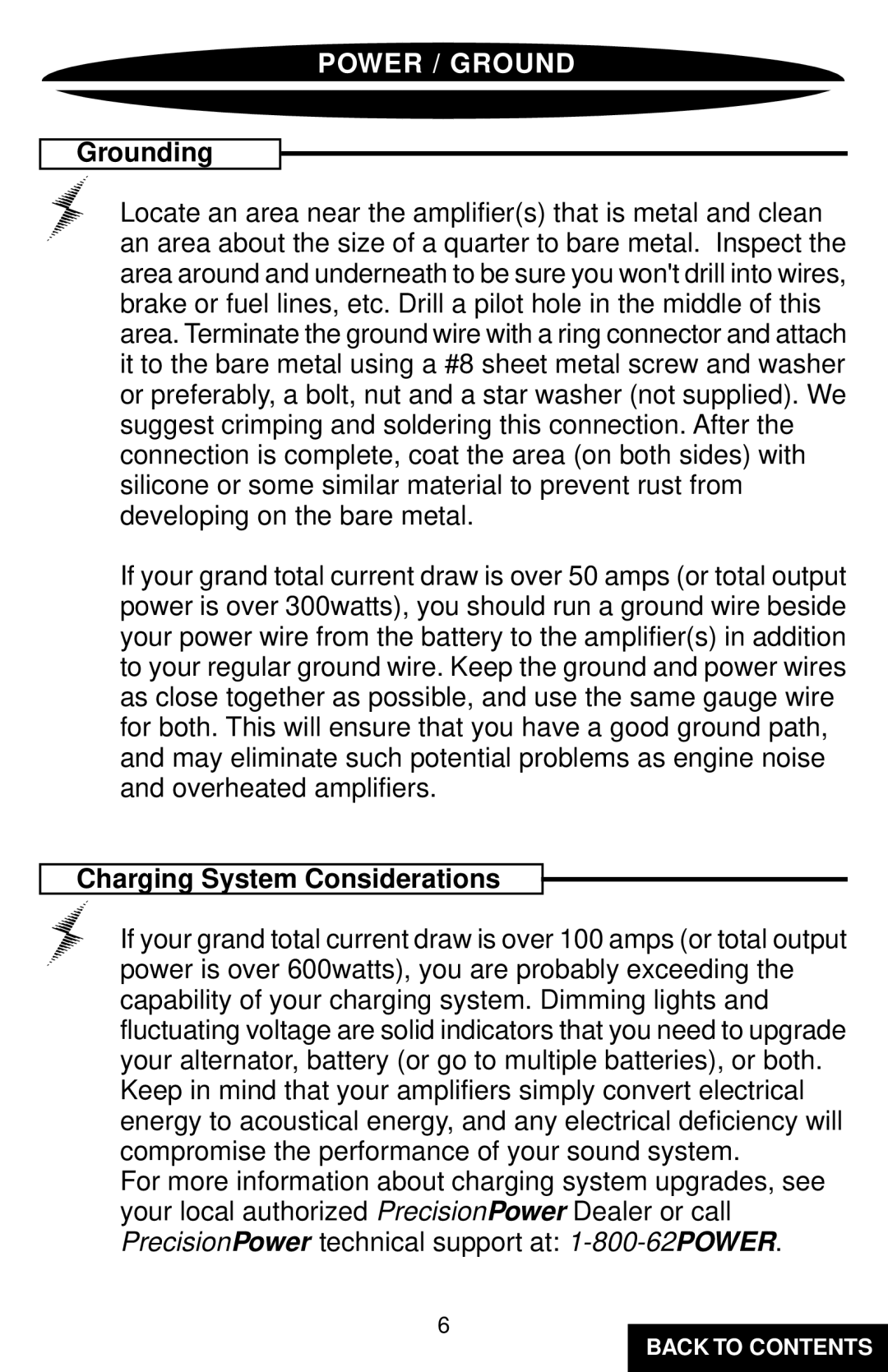 Precision Power PC6800 specifications Power / Ground, Grounding, Charging System Considerations 