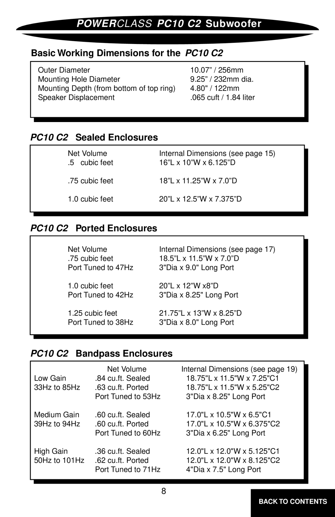 Precision Power PC8C2 Basic Working Dimensions for the PC10 C2, PC10 C2 Ported Enclosures, PC10 C2 Bandpass Enclosures 