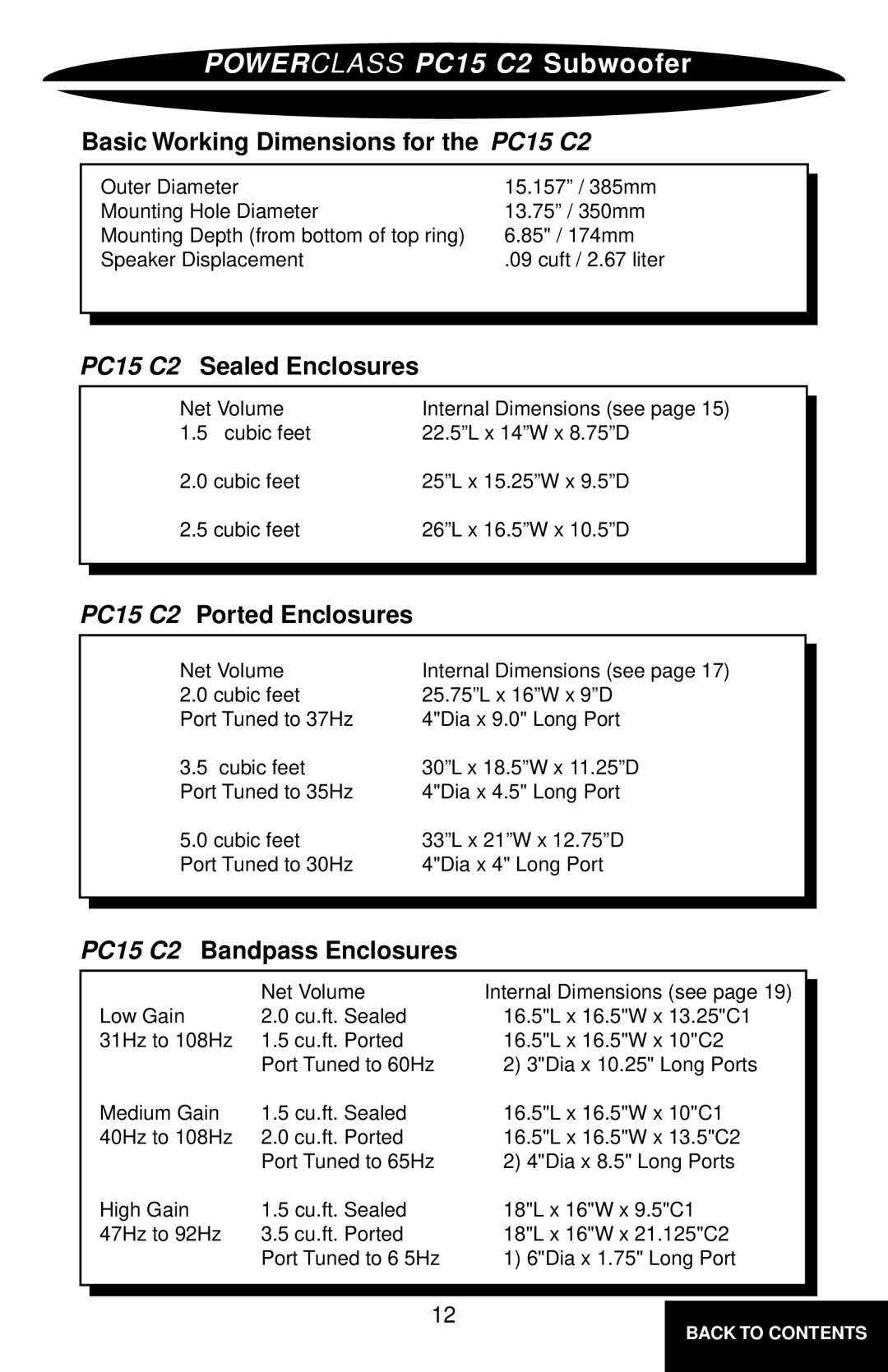 Precision Power PC8C2 Basic Working Dimensions for the PC15 C2, PC15 C2 Sealed Enclosures, PC15 C2 Ported Enclosures 