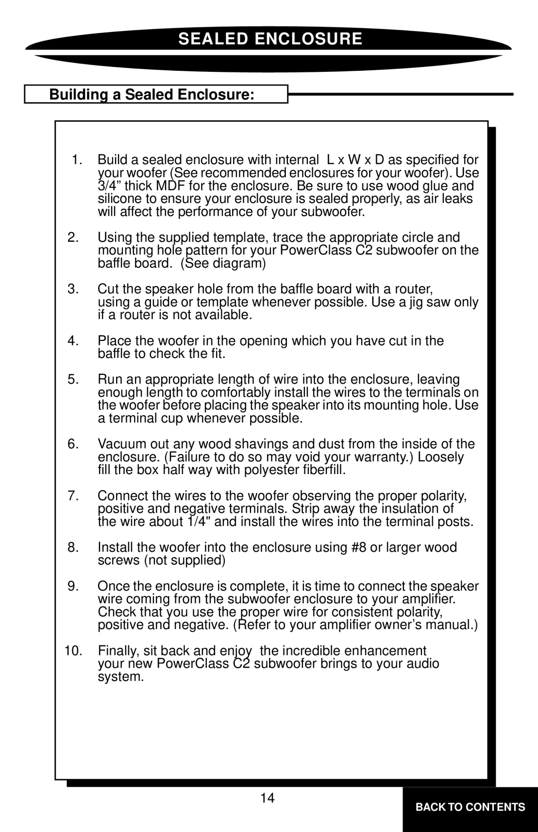 Precision Power PC8C2 owner manual Building a Sealed Enclosure 