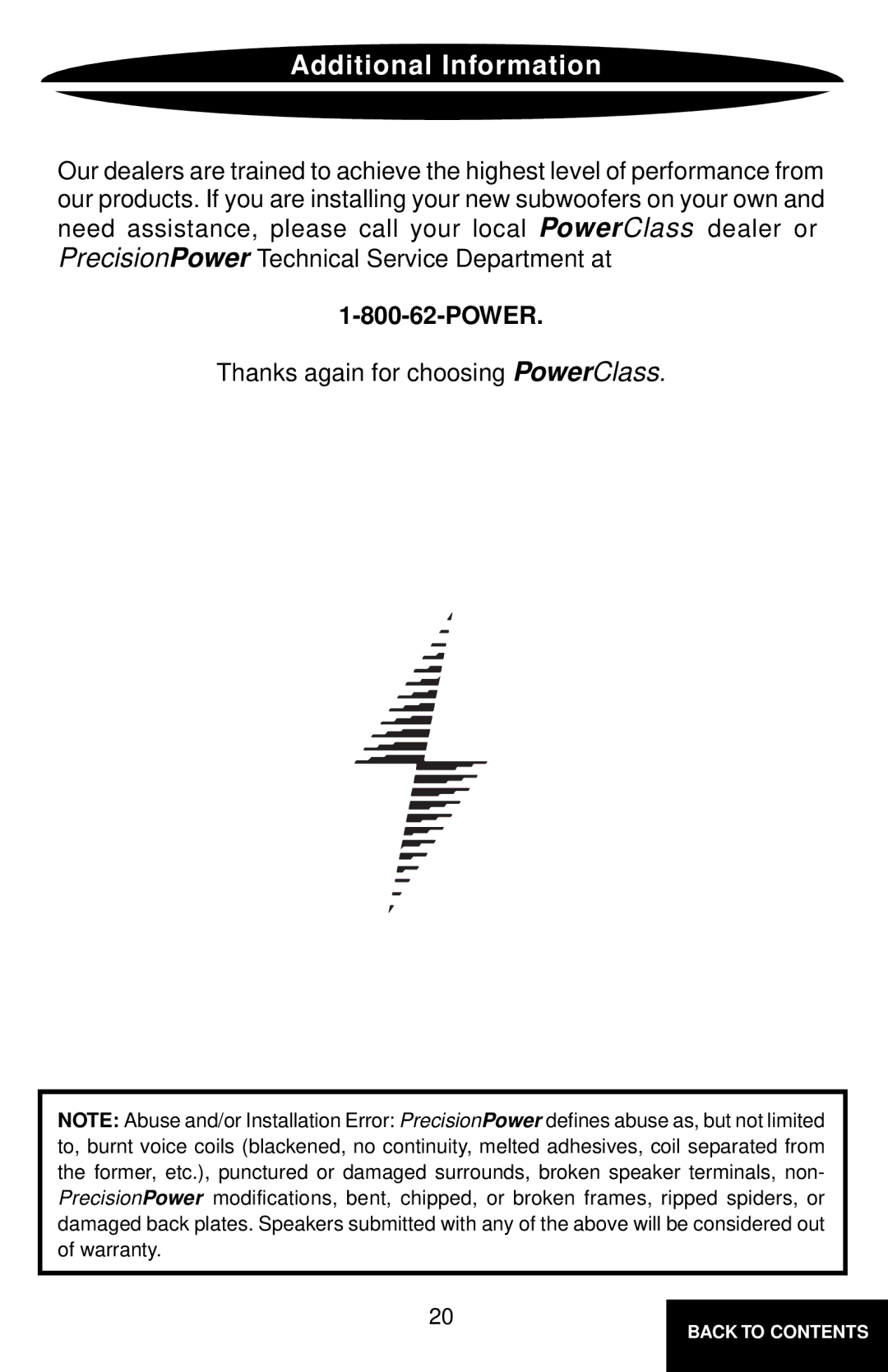 Precision Power PC8C2 owner manual Additional Information, Power 