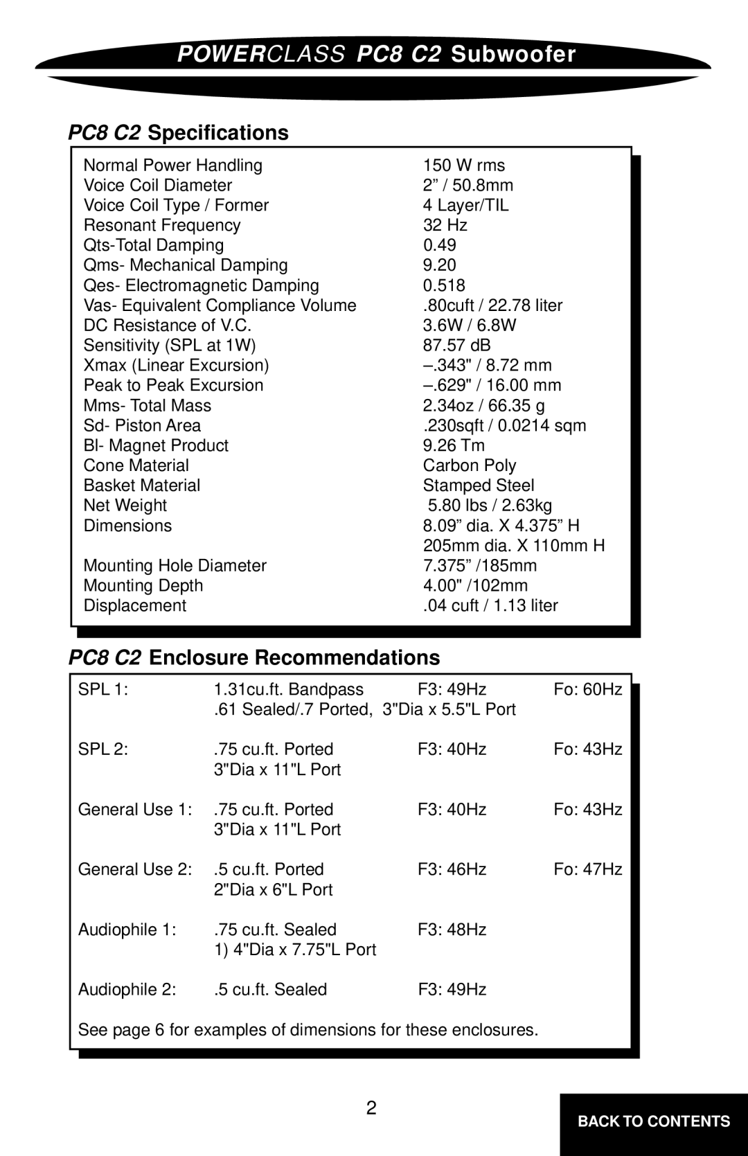 Precision Power PC8C2 owner manual Powerclass PC8 C2 Subwoofer, PC8 C2 Specifications, PC8 C2 Enclosure Recommendations 