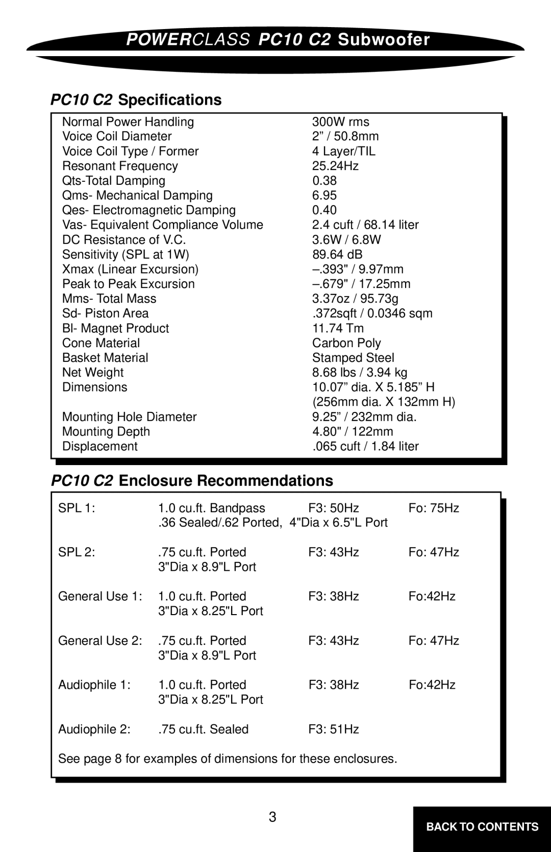 Precision Power PC8C2 owner manual Powerclass PC10 C2 Subwoofer, PC10 C2 Specifications, PC10 C2 Enclosure Recommendations 