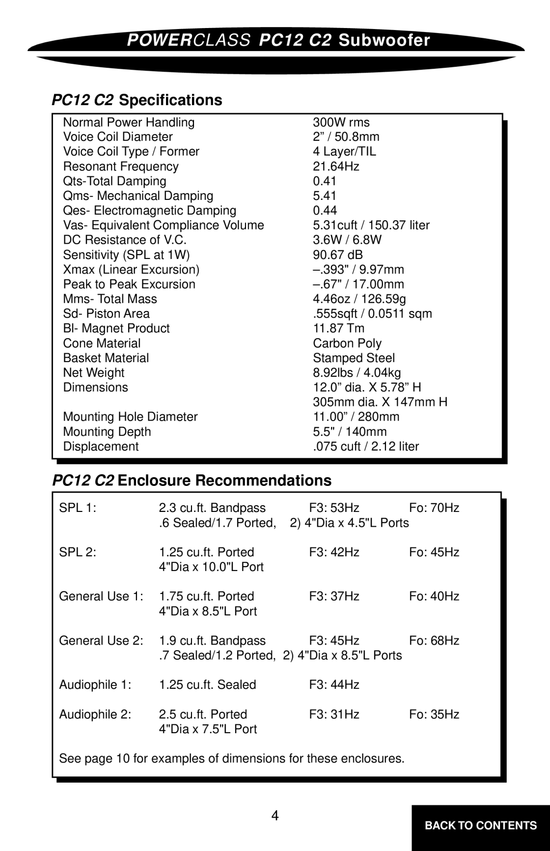 Precision Power PC8C2 owner manual Powerclass PC12 C2 Subwoofer, PC12 C2 Specifications, PC12 C2 Enclosure Recommendations 