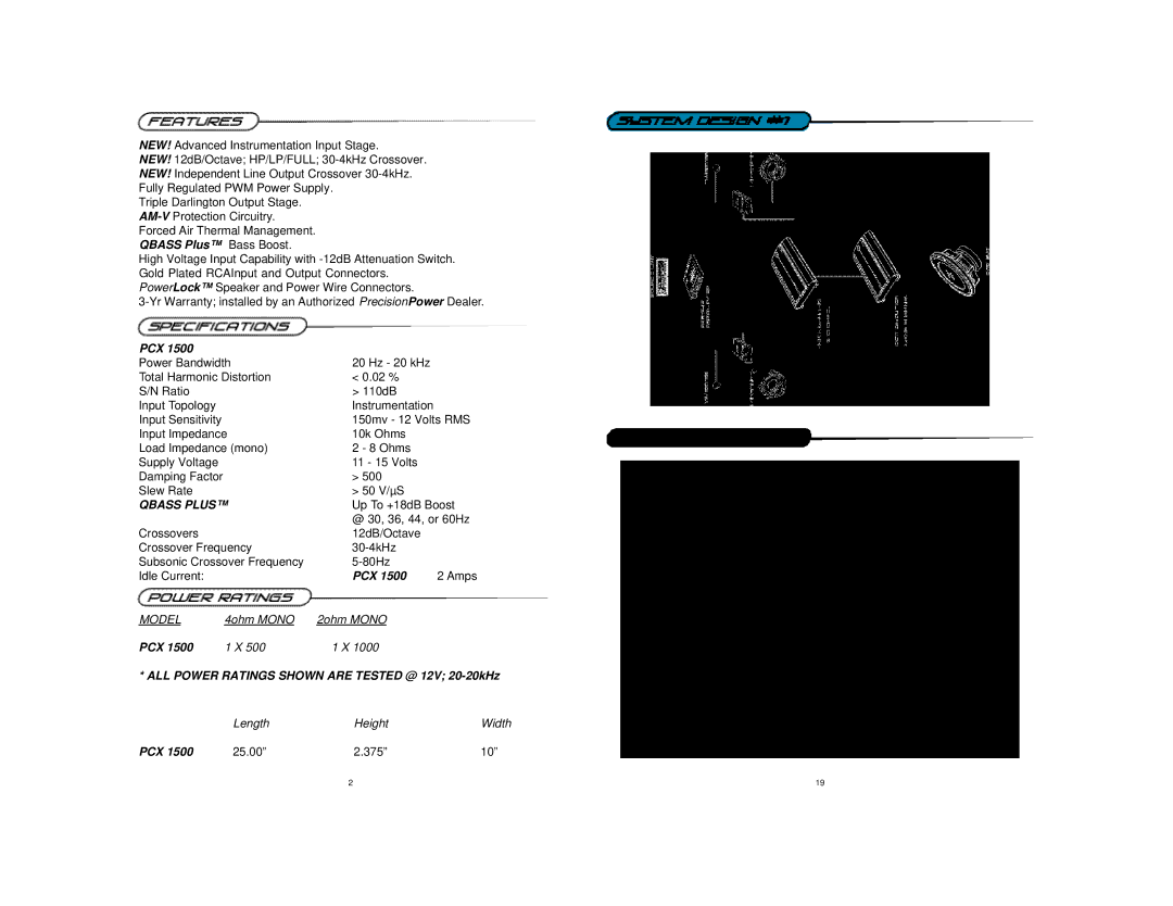 Precision Power PCX1250 manual Qbass Plus Bass Boost, PCX ALL Power Ratings Shown are Tested @ 12V 20-20kHz 