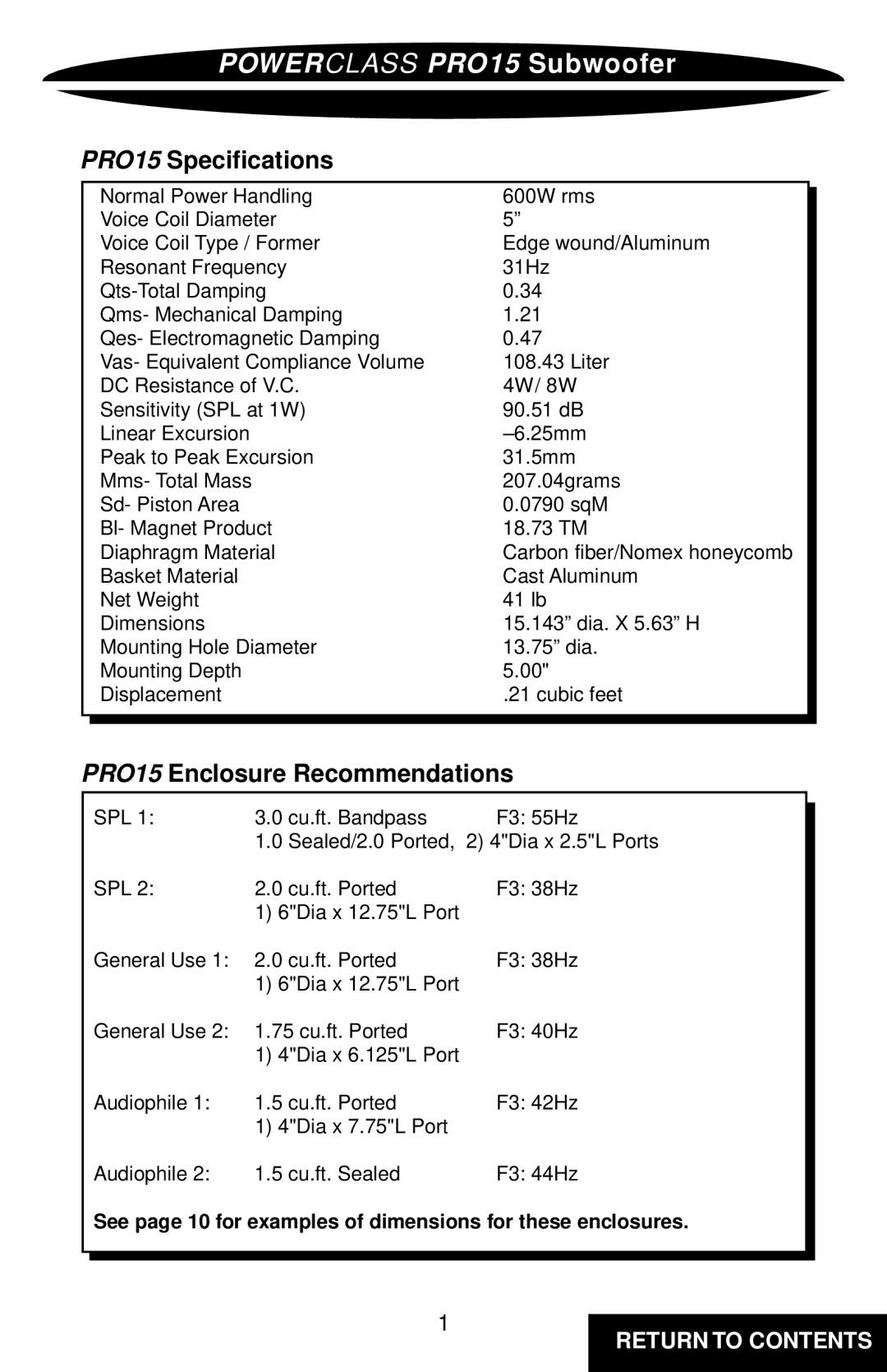 Precision Power owner manual PRO15 Specifications, PRO15 Enclosure Recommendations 