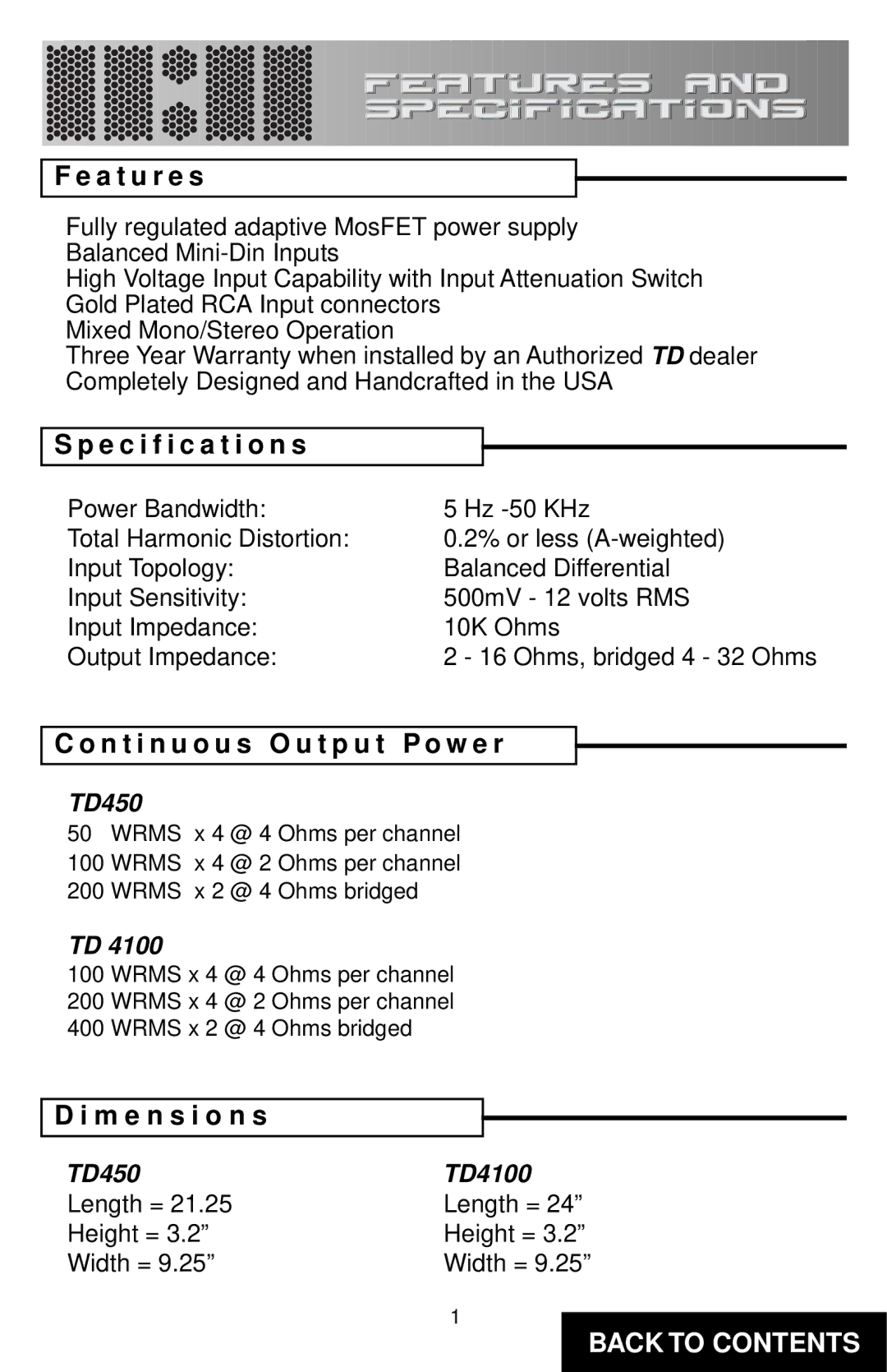 Precision Power TD450 specifications A t u r e s, Specification s, N t i n u o u s O u t p u t P o w e r, M e n s i o n s 