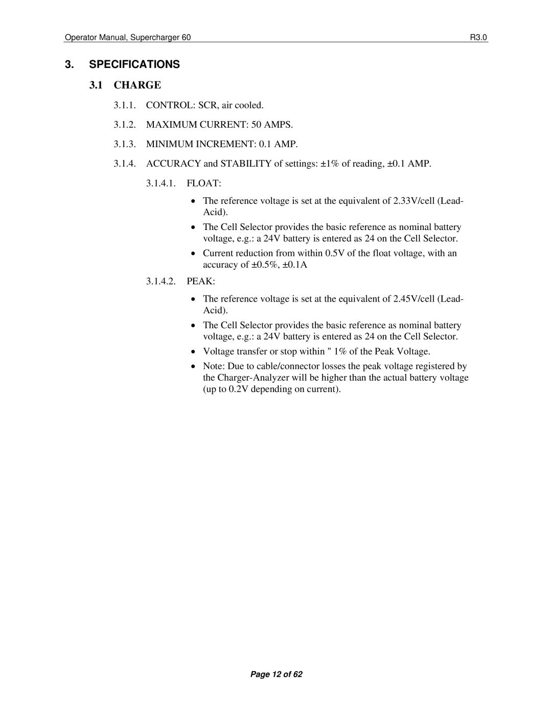 Precision Trading 60 R3.0 operating instructions Specifications, Charge, Maximum Current 50 Amps Minimum Increment 0.1 AMP 