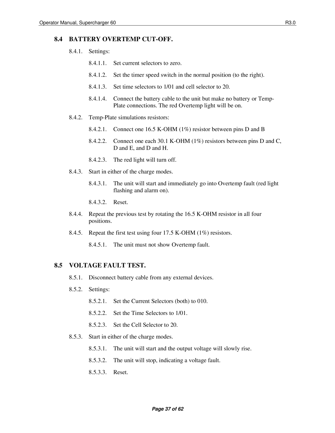 Precision Trading 60 R3.0 operating instructions Battery Overtemp CUT-OFF, Voltage Fault Test 