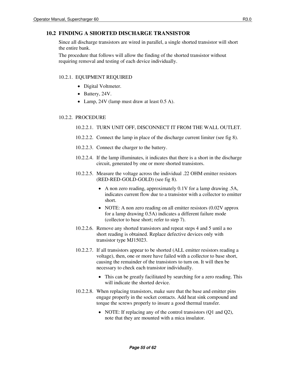 Precision Trading 60 R3.0 operating instructions Finding a Shorted Discharge Transistor, Equipment Required, Procedure 