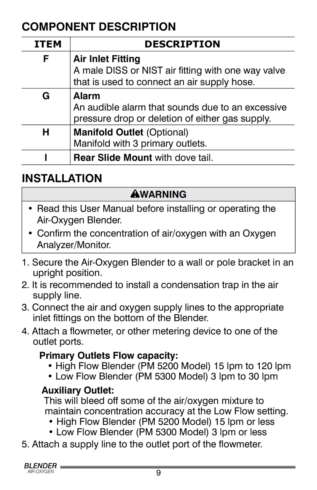 Precision Trading PM5300, PM5200 user manual Installation, Air Inlet Fitting, Alarm, Rear Slide Mount with dove tail 