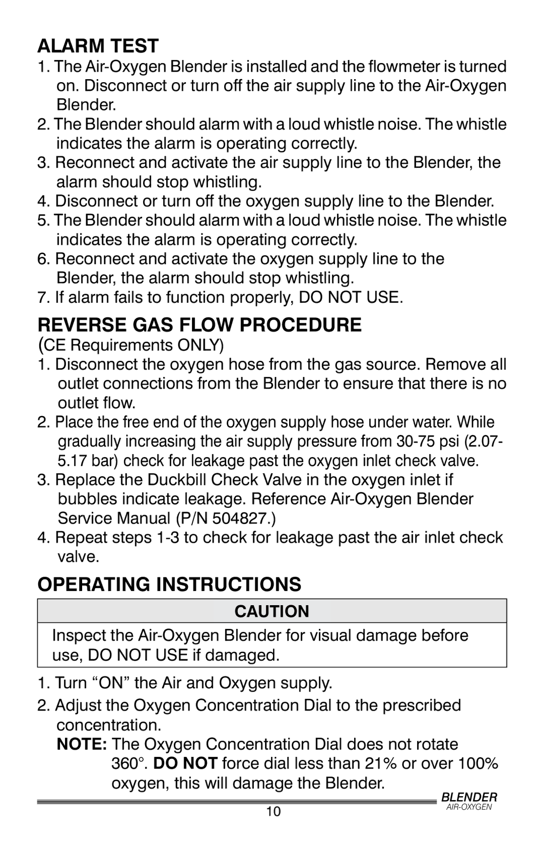 Precision Trading PM5200, PM5300 user manual Alarm Test, Reverse Gas Flow Procedure, Operating Instructions 