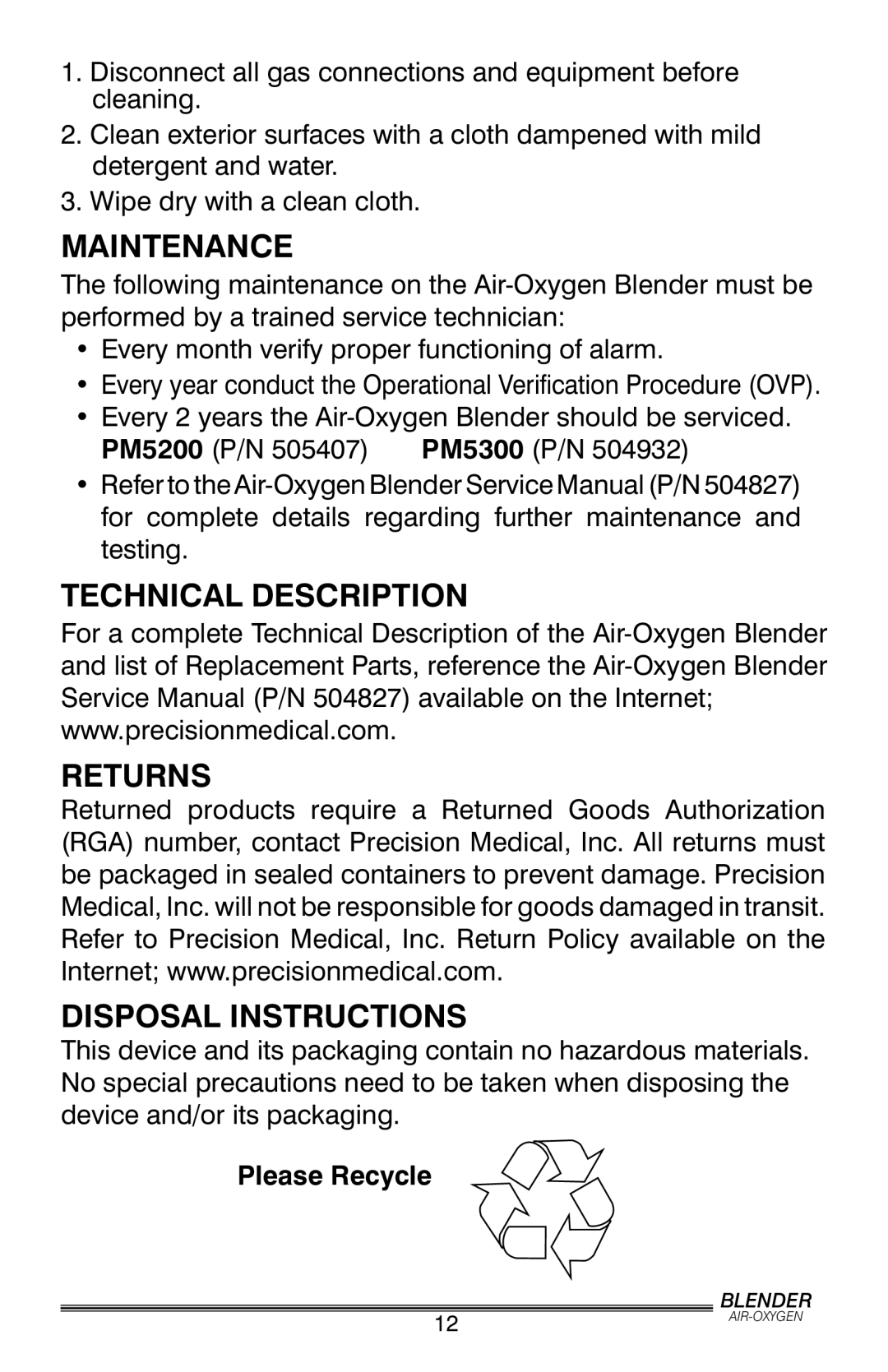 Precision Trading PM5200, PM5300 Maintenance, Technical Description Returns Disposal Instructions, Please Recycle 