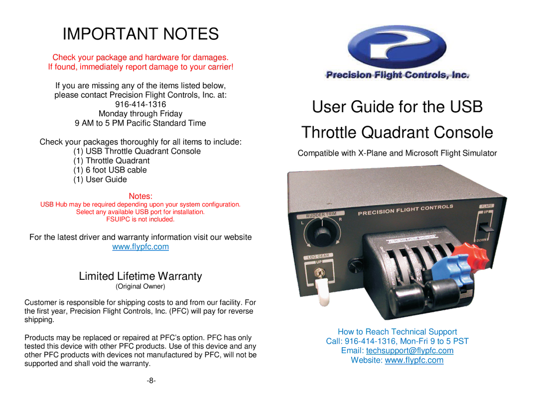 Precision Trading USB Throttle Quadrant Console warranty Important Notes, Limited Lifetime Warranty 