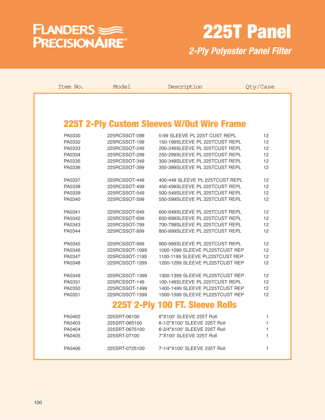 Precisionaire 225T Panels manual 225T 2-Ply Custom Sleeves W/Out Wire Frame, 900-999SLEEVE PL 225TCUST Repl 