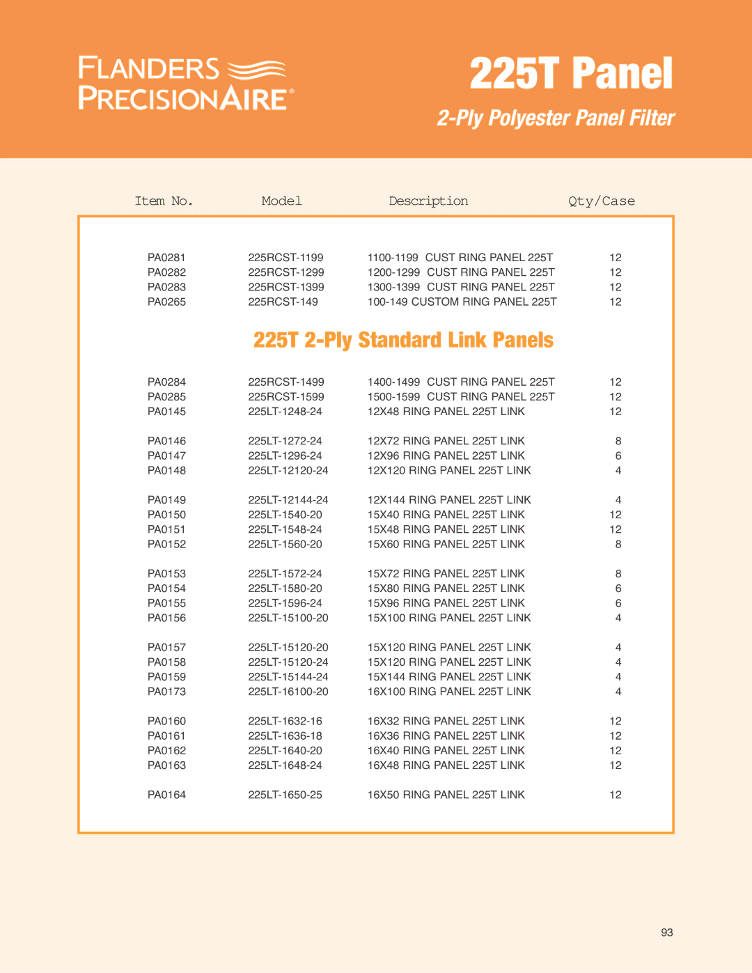 Precisionaire 225T Panels manual 225T 2-Ply Standard Link Panels, Item No Model Description Qty/Case 