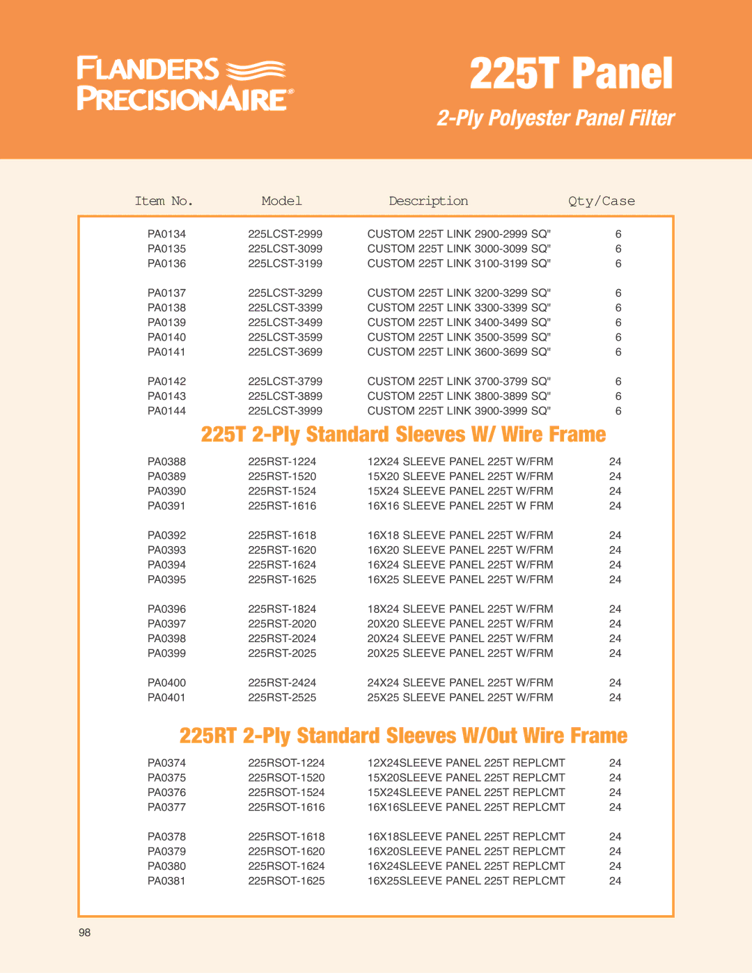 Precisionaire 225T Panels manual 225T 2-Ply Standard Sleeves W/ Wire Frame, Model Description Qty/Case 