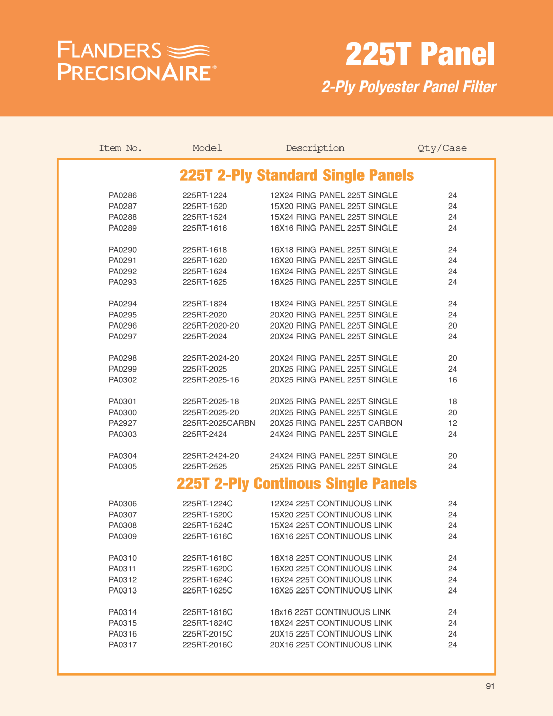 Precisionaire 225T Panels 225T 2-PlyStandard Single Panels, 225T 2-PlyContinous Single Panels, PlyPolyester Panel Filter 