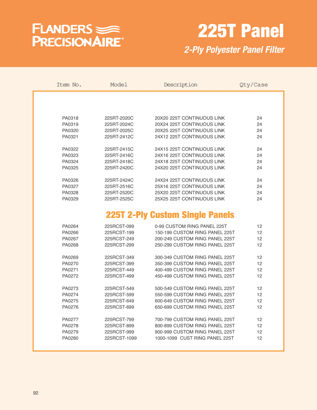 Precisionaire 225T Panels 225T 2-PlyCustom Single Panels, Item No, Model, Description, Qty/Case, PlyPolyester Panel Filter 