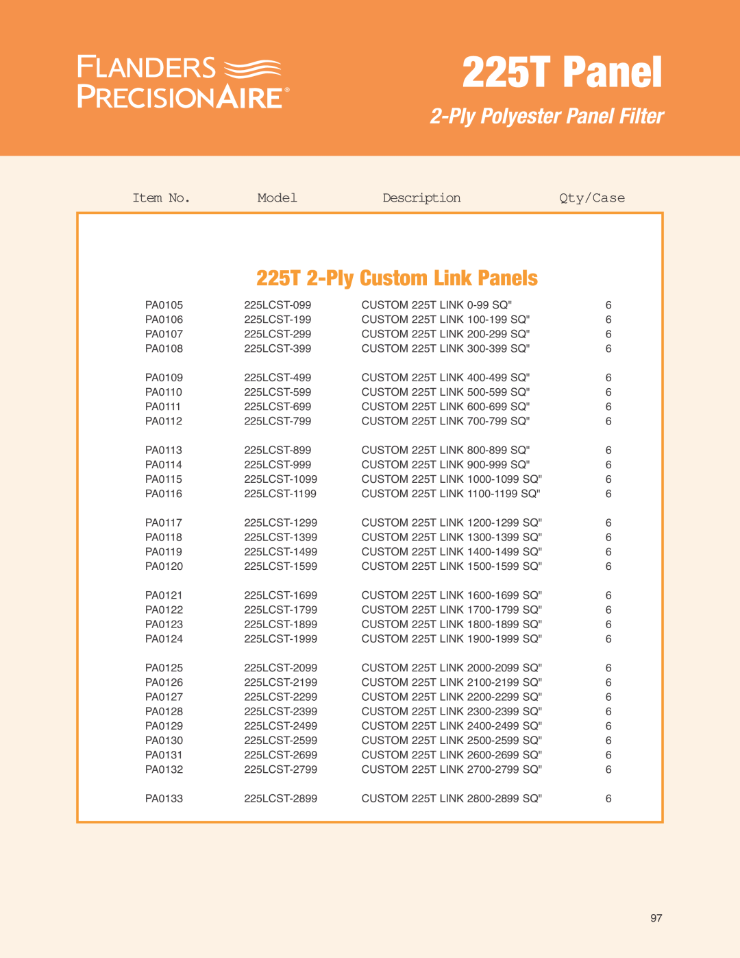 Precisionaire 225T Panels 225T 2-PlyCustom Link Panels, PlyPolyester Panel Filter, Item No, Model, Description, Qty/Case 