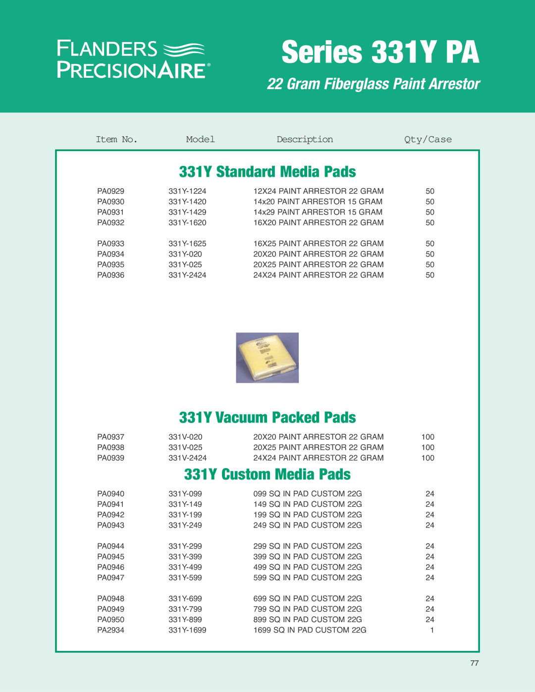 Precisionaire 331Y PA manual 331Y Standard Media Pads, 331Y Vacuum Packed Pads, 331Y Custom Media Pads 