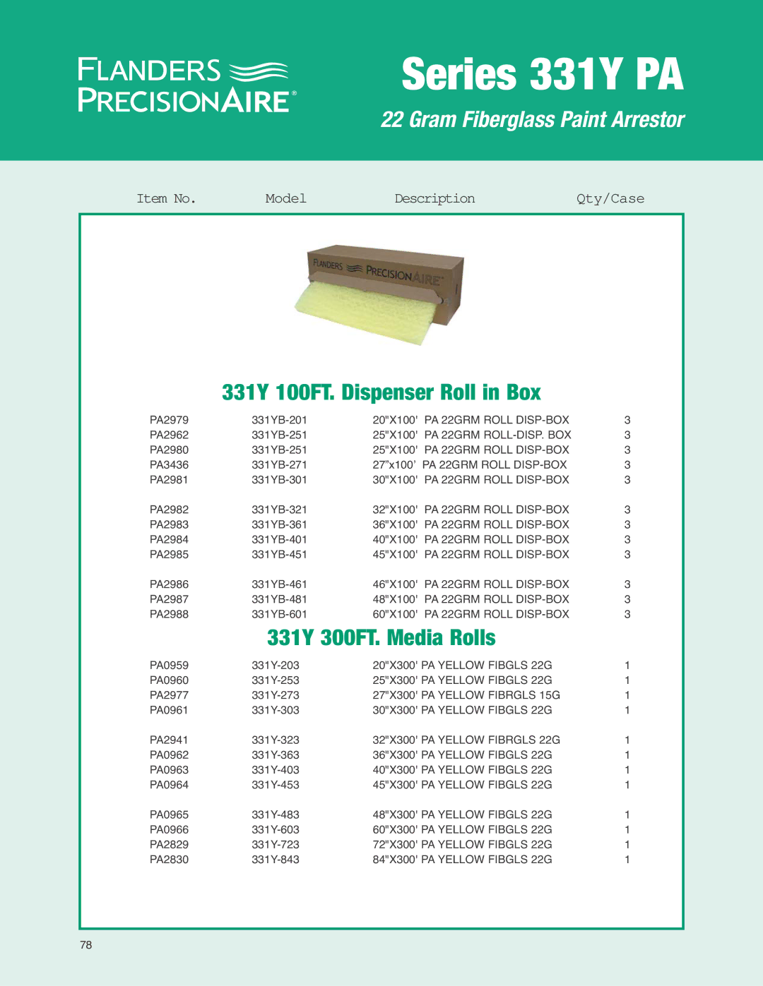 Precisionaire 331Y PA manual 331Y 100FT. Dispenser Roll in Box, 331Y 300FT. Media Rolls 