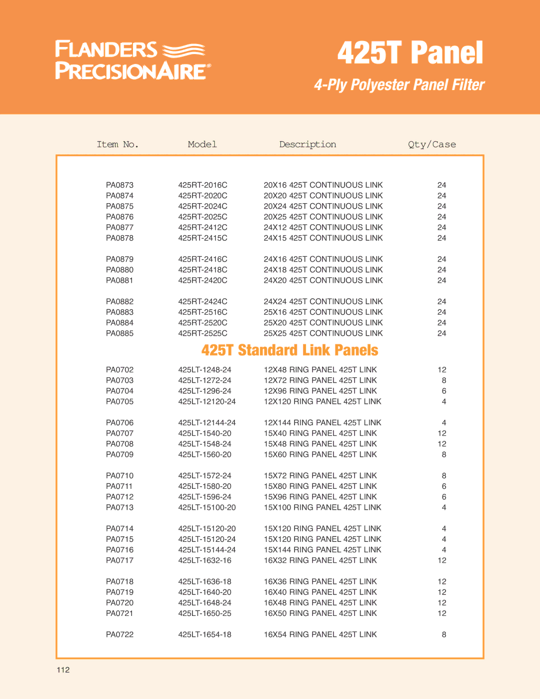 Precisionaire 425T Panel manual 425T Standard Link Panels, Item No Model Description Qty/Case 