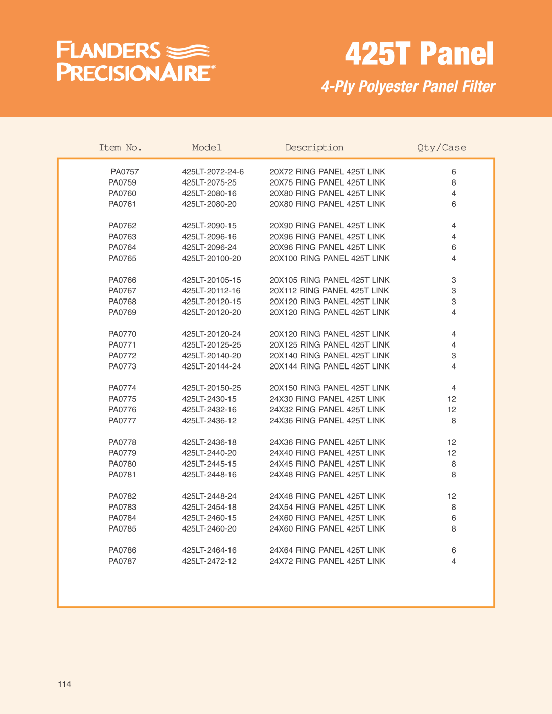 Precisionaire 425T Panel manual PlyPolyester Panel Filter, Item No, Model, Description, Qty/Case 