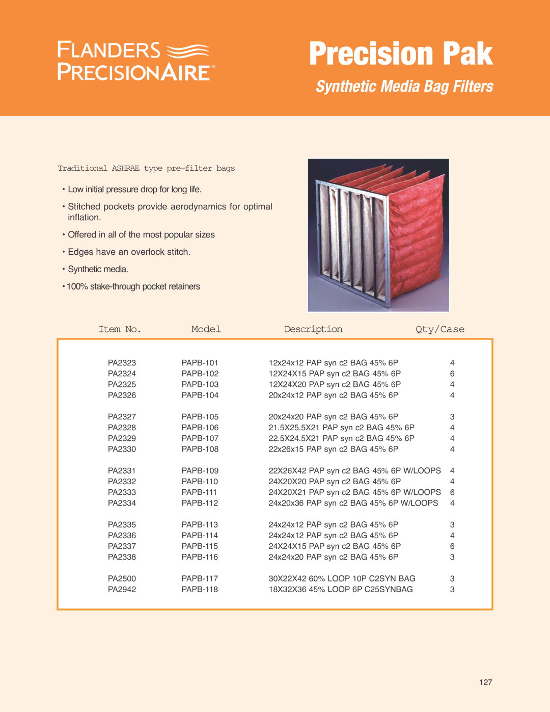 Precisionaire ASHRAE Series manual Precision Pak, Synthetic Media Bag Filters, Item No Model Description Qty/Case 