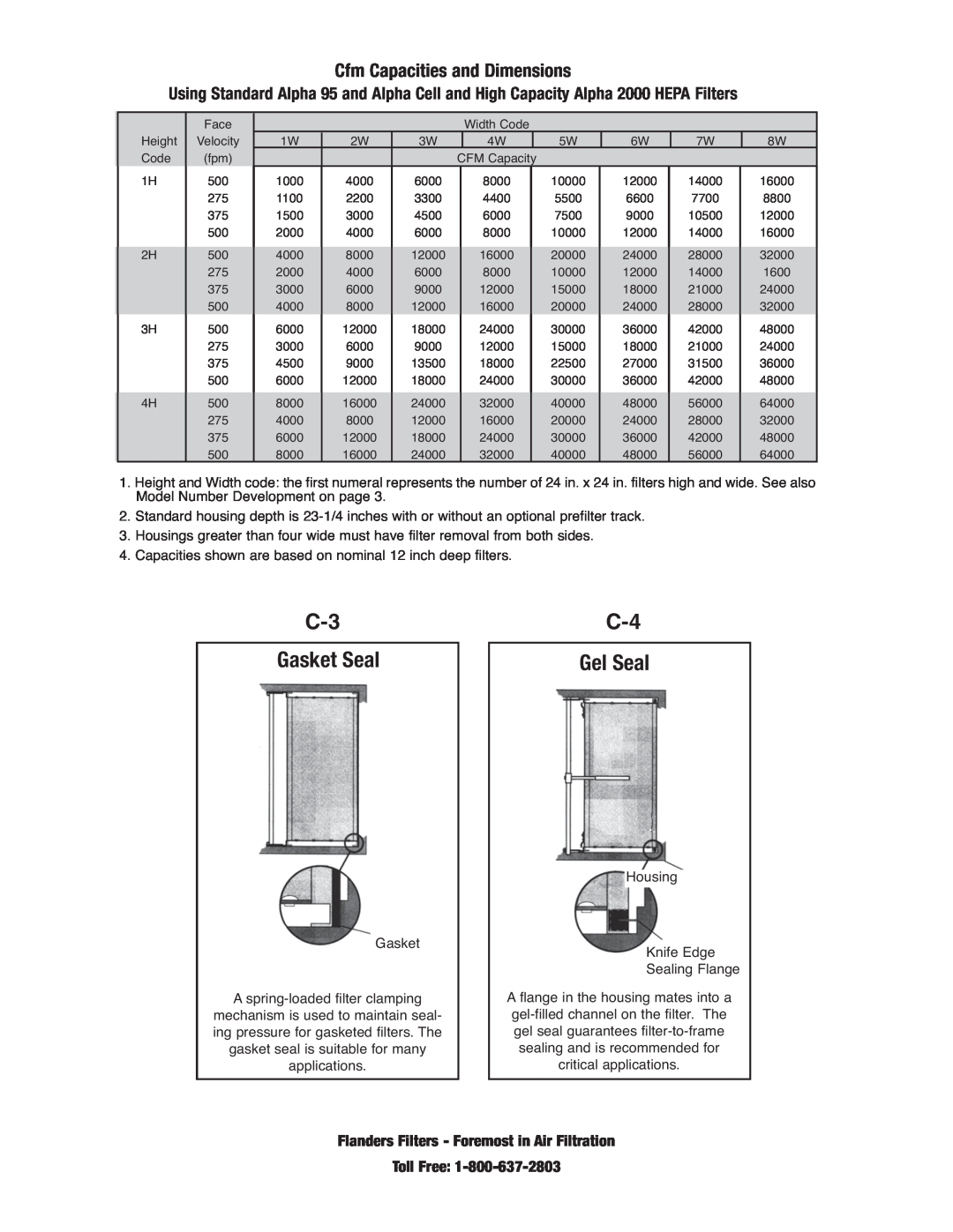 Precisionaire manual C-3 Gasket Seal, C-4 Gel Seal, Cfm Capacities and Dimensions, Toll Free 