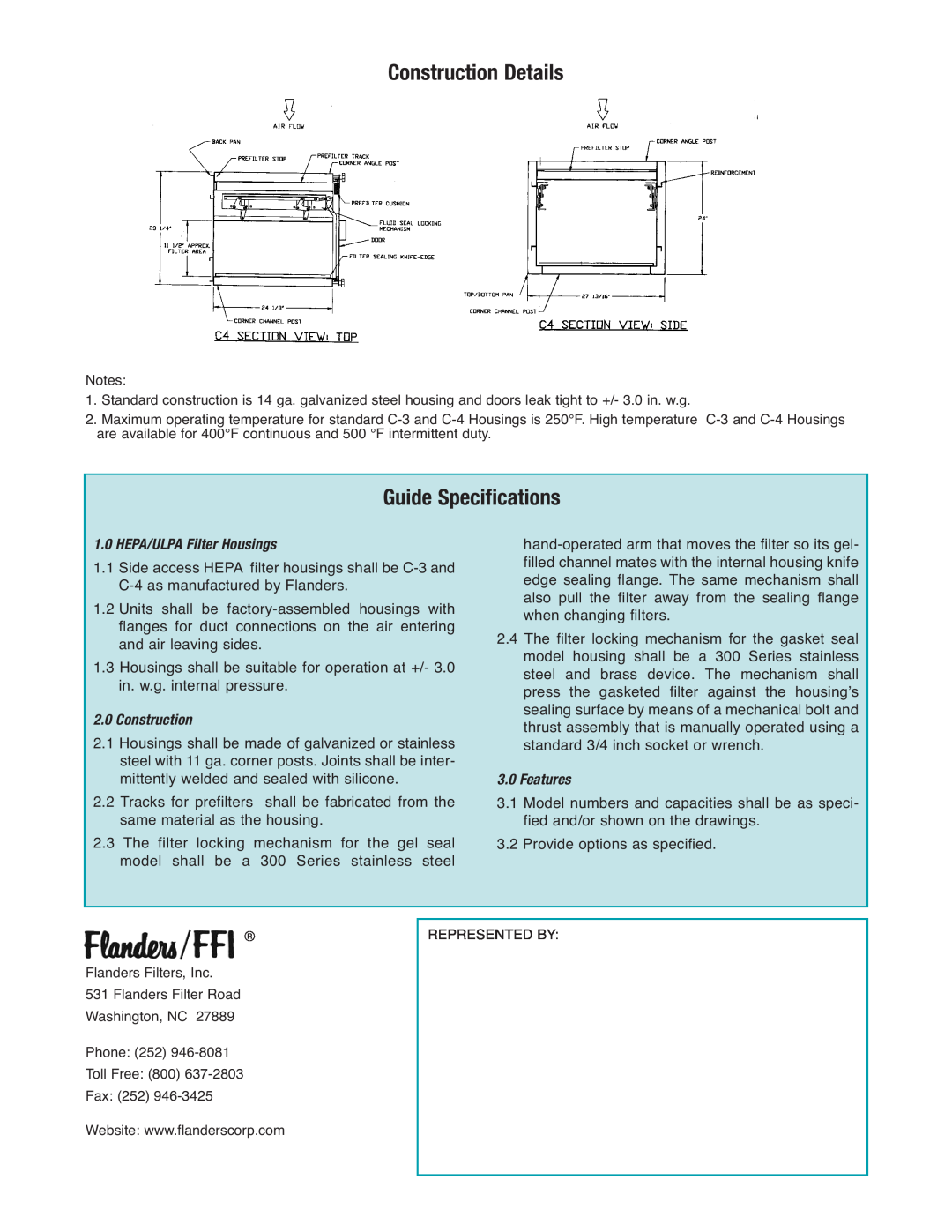 Precisionaire C-4, C-3 manual Construction Details, Guide Specifications, Features 