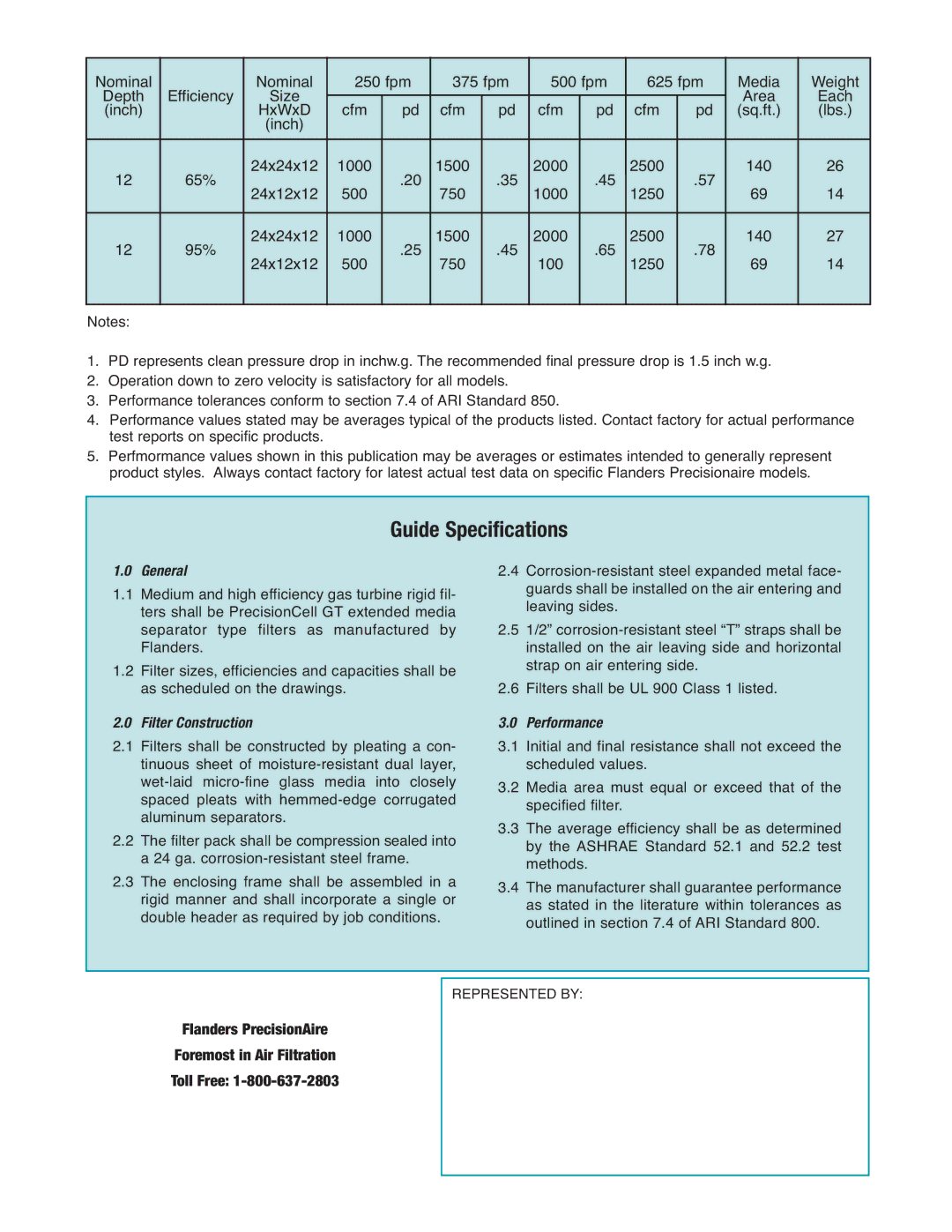 Precisionaire Cell GT manual Guide Specifications, General, Filter Construction Performance 