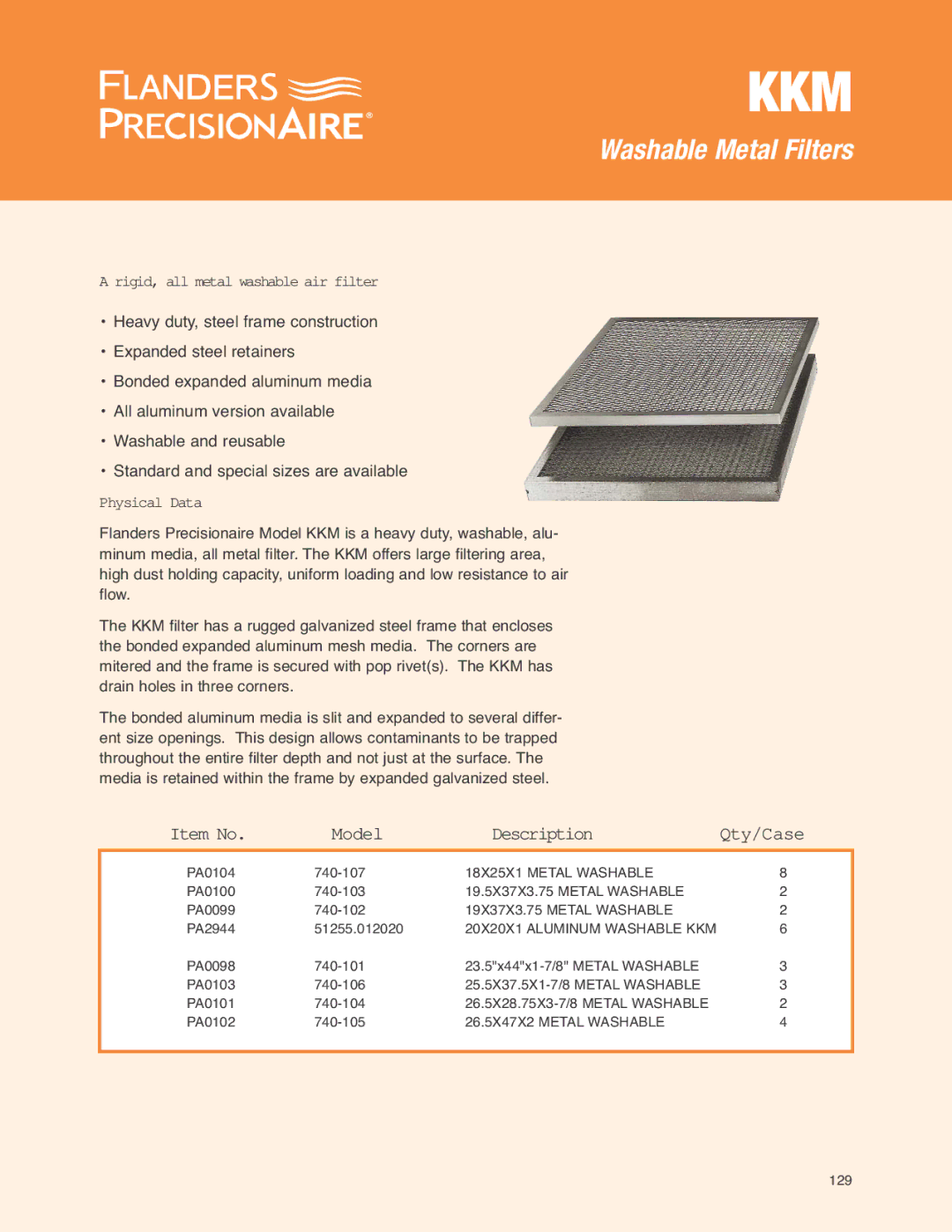 Precisionaire KKM manual Kkm, Washable Metal Filters, Item No Model Description Qty/Case, Physical Data 